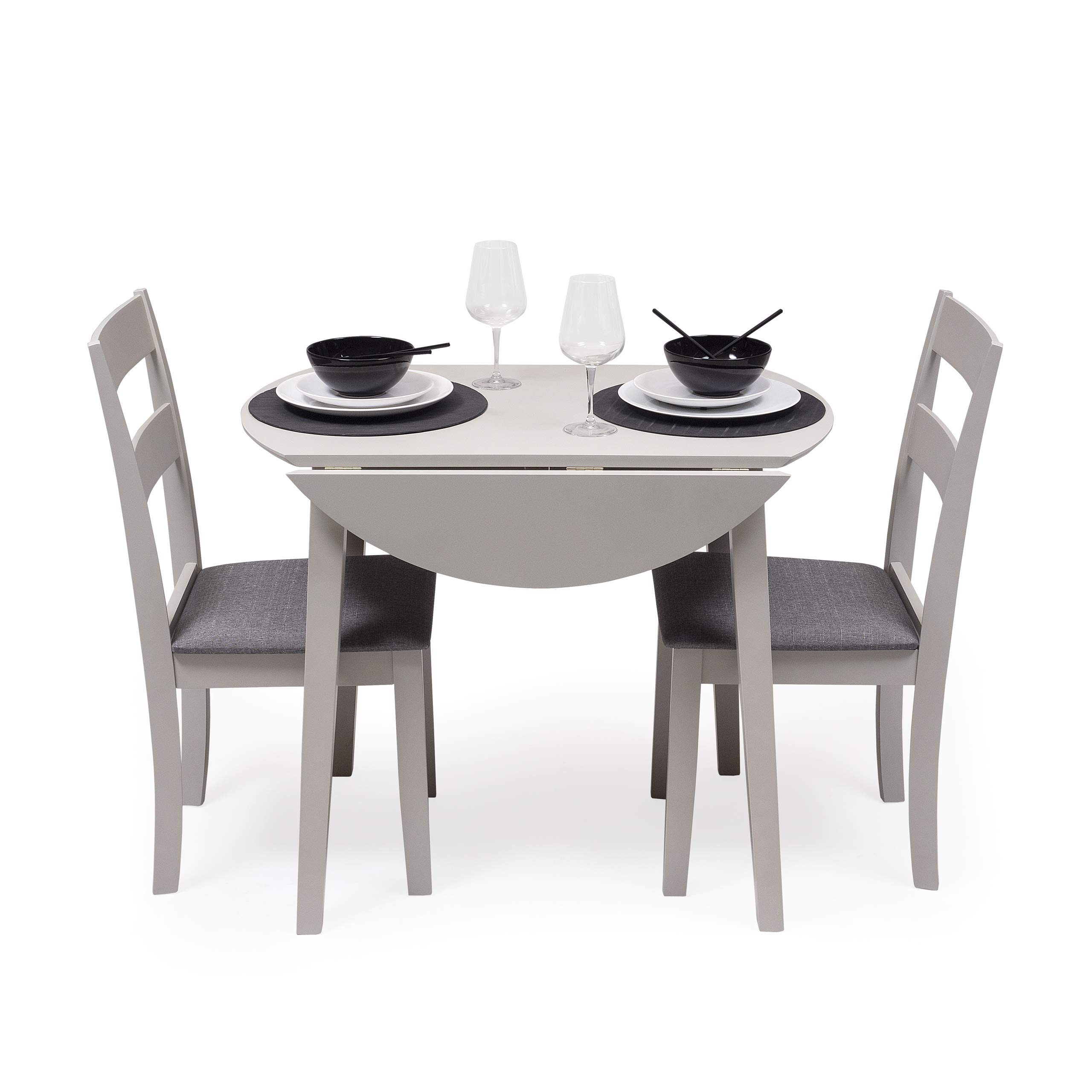 Homely - Conjunto de Comedor Dallas Grey | Mesa de Cocina Redonda Extensible de 90 cm (17,5/55 / 17,5) cm. | Mesa con 2 alas abatibles | 2 sillas de Cocina/Comedor de Madera Lacado en Gris