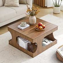weselon Square Coffee Table with Storage, 31.5" Hollow Cube Coffee Table, 2-Tier Mid-Century Modern Center Table with Arched Cutouts & Carved Lines for Living Room, Cat-Friendly Base Walnut