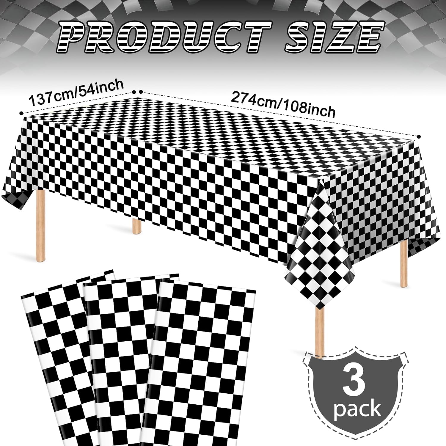 3 Pack Race Car Checkered Plastic Tablecloth, Black and White Racing Table Cover, Disposable Cars Table Cloth for Kids Boys Car Theme Birthday Party Supplies Decorations, 54 x 108 Inch image 2