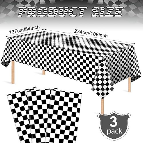 Vista 2 de Paquete de 3 manteles de plástico a cuadros con diseño de autos de carreras, manteles desechables para niños y niños, suministros para fiestas
