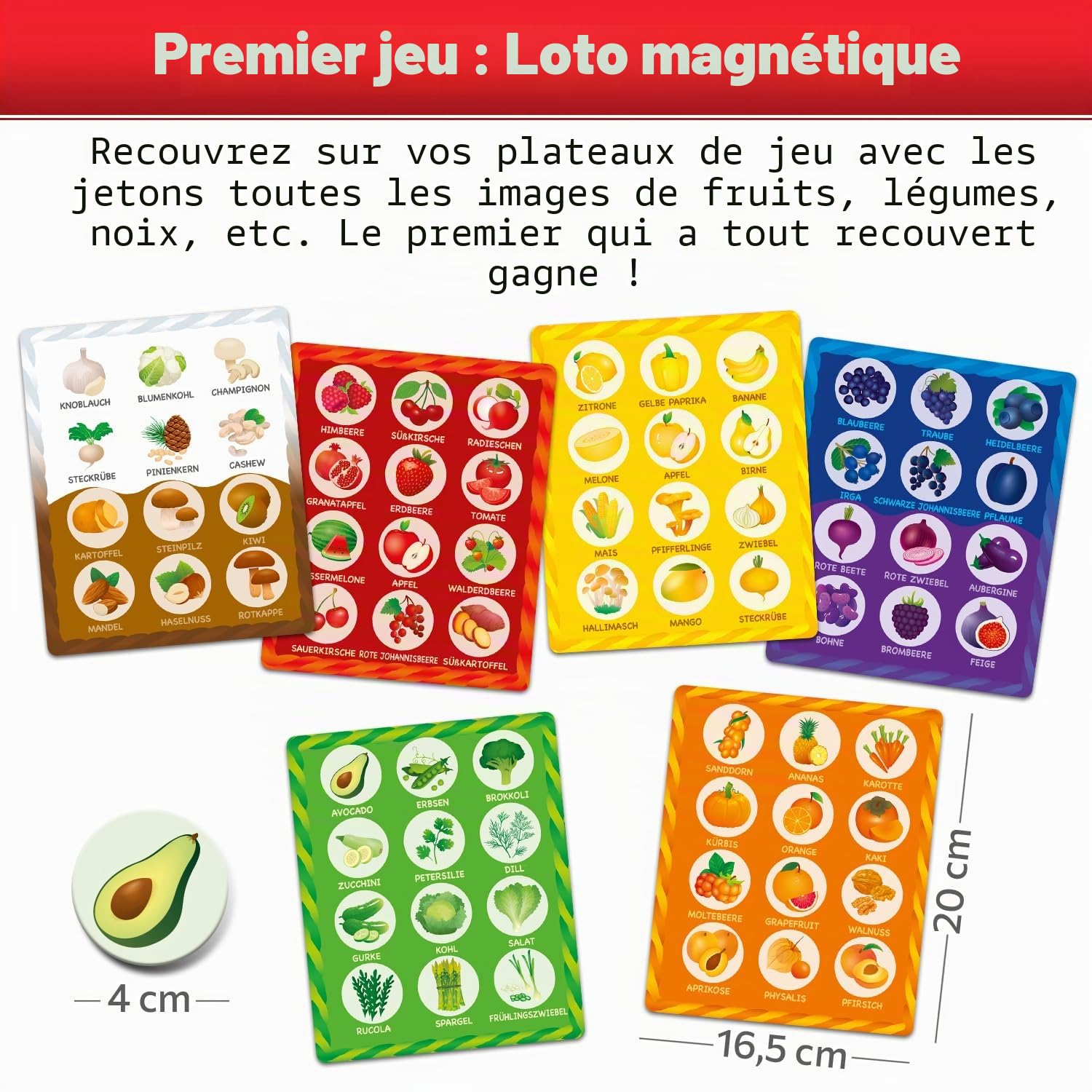MAGNIKON Jeu de bingo pour enfants à partir de 3 ans, apprendre les couleurs, jeu de mémoire de loto, 72 aimants, 6 terrains de jeu double face, loto d'images, fruits et légumes, jeu éducatif à partir