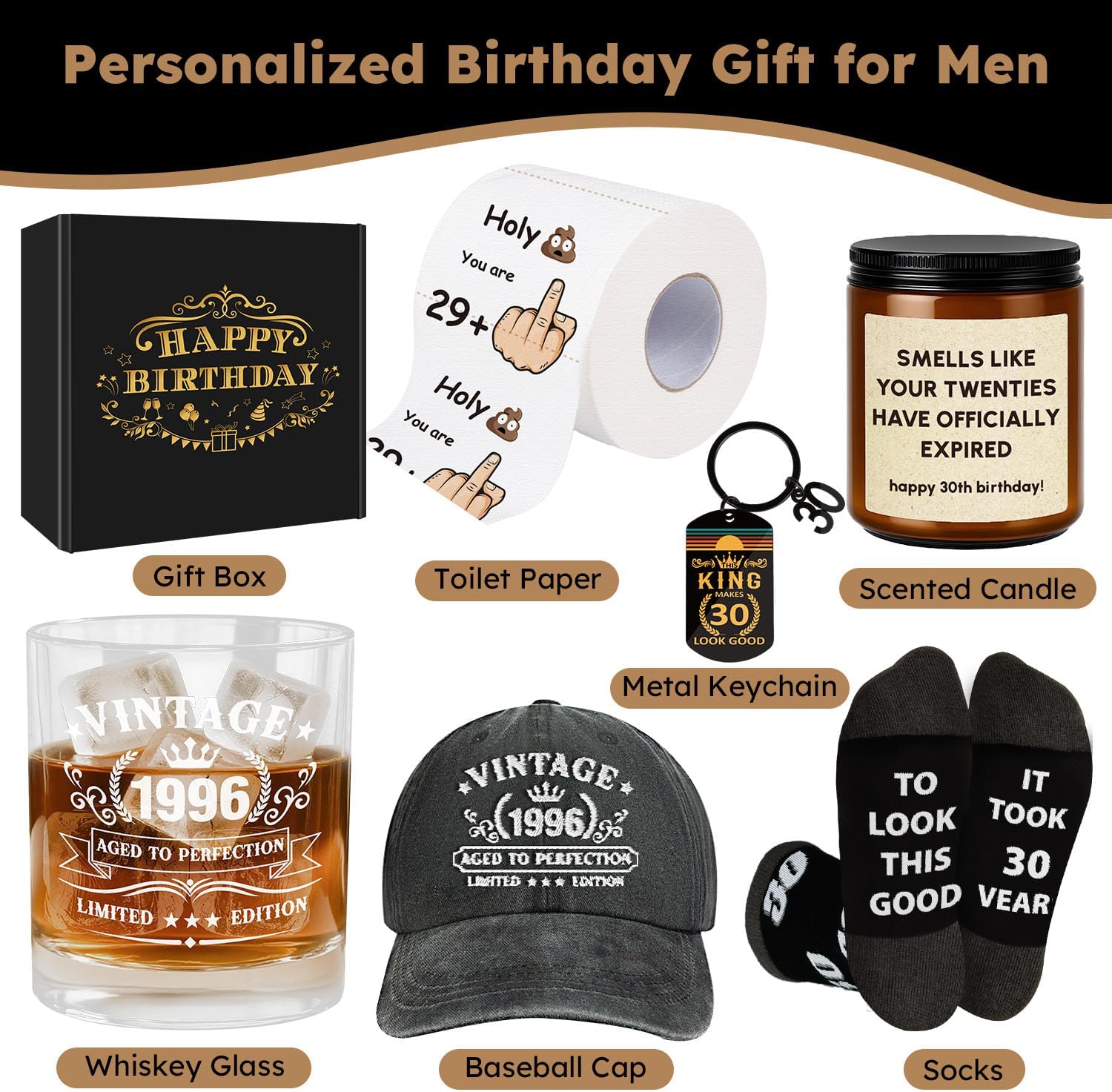 30th Birthday Gifts for Men, 30th Men’s Birthday Gifts for Men Who Have Everything Vintage 1996 Whiskey Glass Baseball Cap 30 Year Old Funny Personalized Birthday Gifts for Him Husband Boyfriend Dad - Image 2