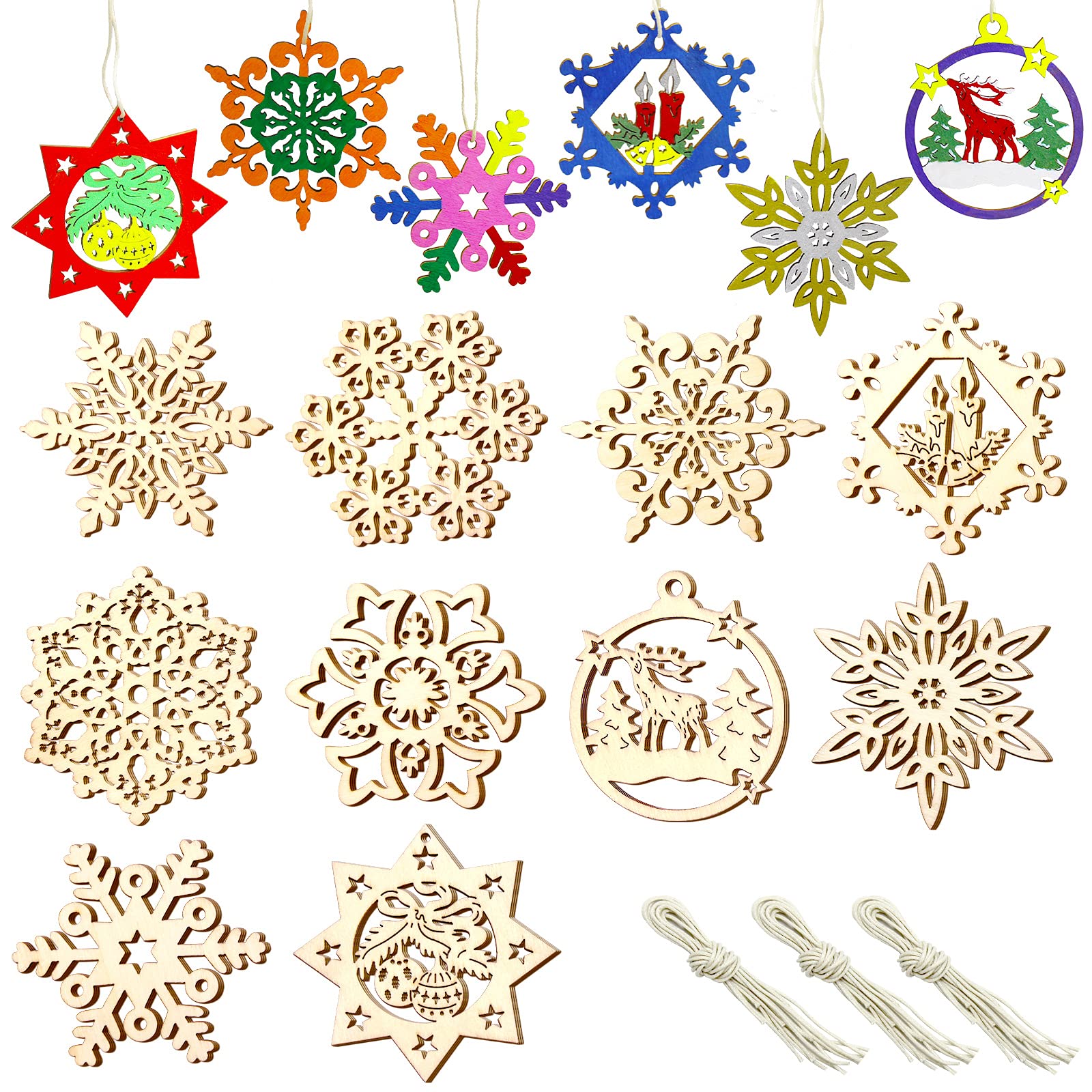30 PCS Wooden DIY Christmas Ornament Crafts for Kids Wooden Snowflake for Crafts