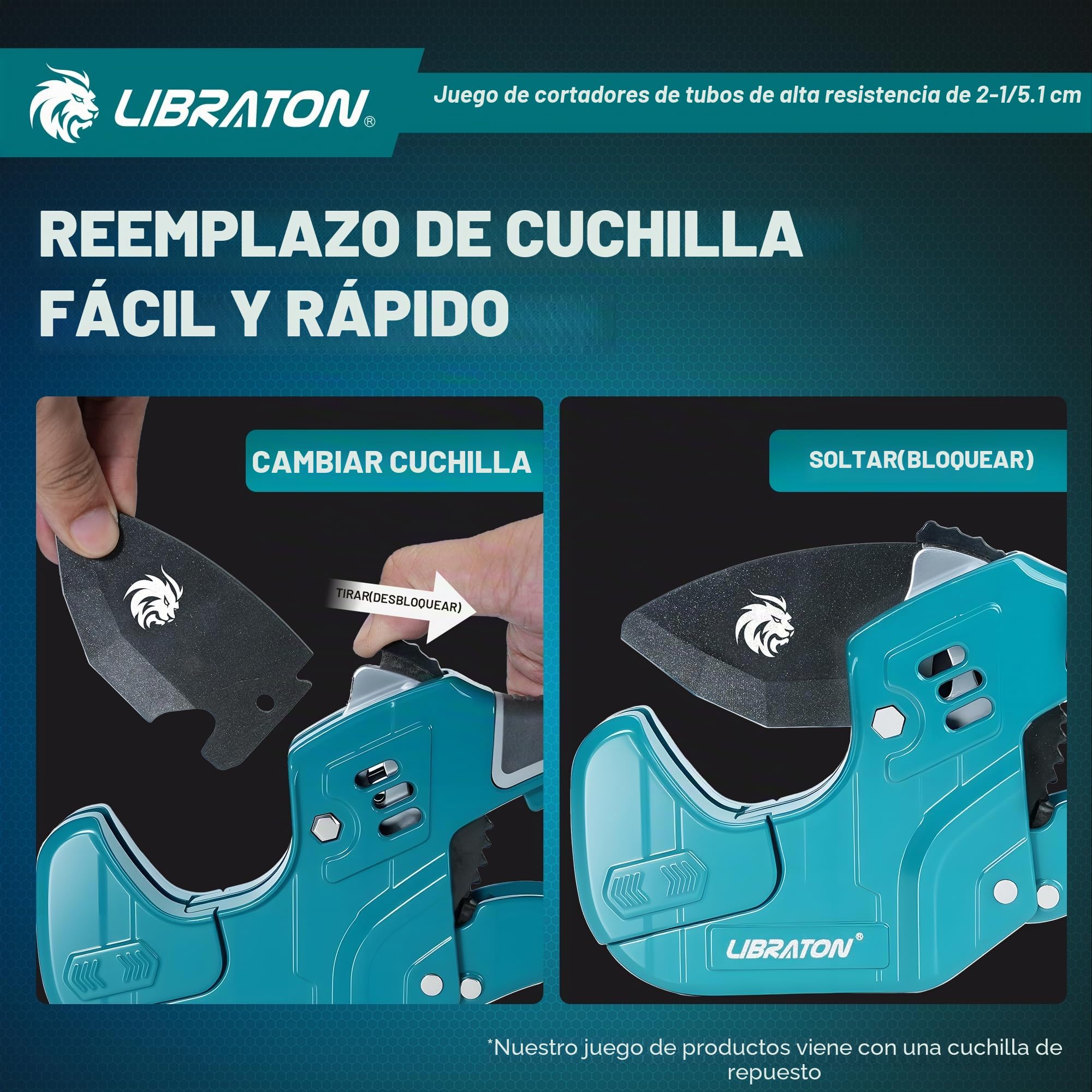 Libraton Cortatubos PVC, Cortatubos Plástico 63mm, Cortatubos con Trinquete, Cuchilla Intercambiable y Herramienta Desbarbadora, para Tubos PEX, PVC, PPR, Mangueras y Tuberías Sanitarias