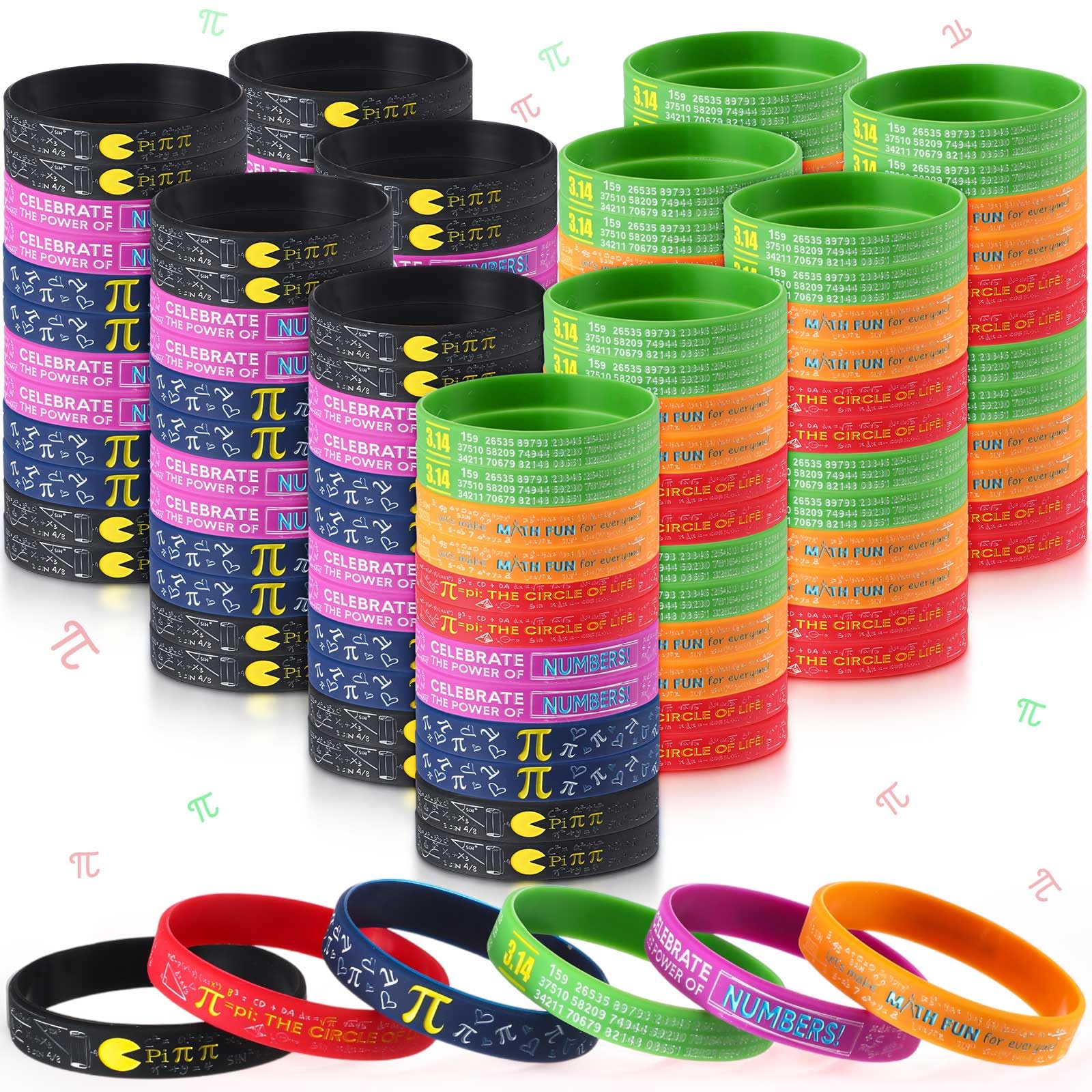 Cunno 60/120/240 Pcs Pi Day Silicone Bracelets Bulk Funny Math Wristband Gift Mathematics Day Educational Prizes for Math Lover Favor(240 Pcs)