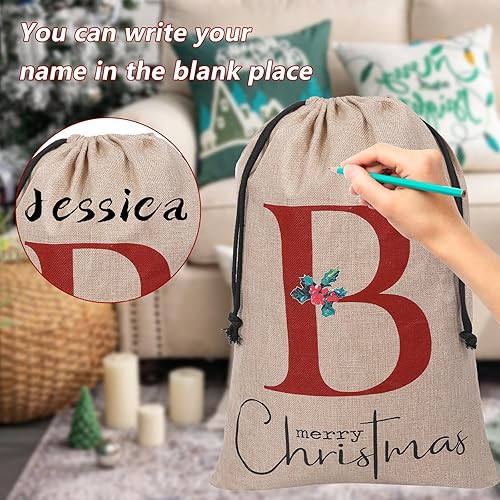 Miniatura 4 de Subyan Bolsa de regalo de Navidad de arpillera de 27 x 23 pulgadas, extra grande, reutilizable, personalizada, con monograma, con cordón, para
