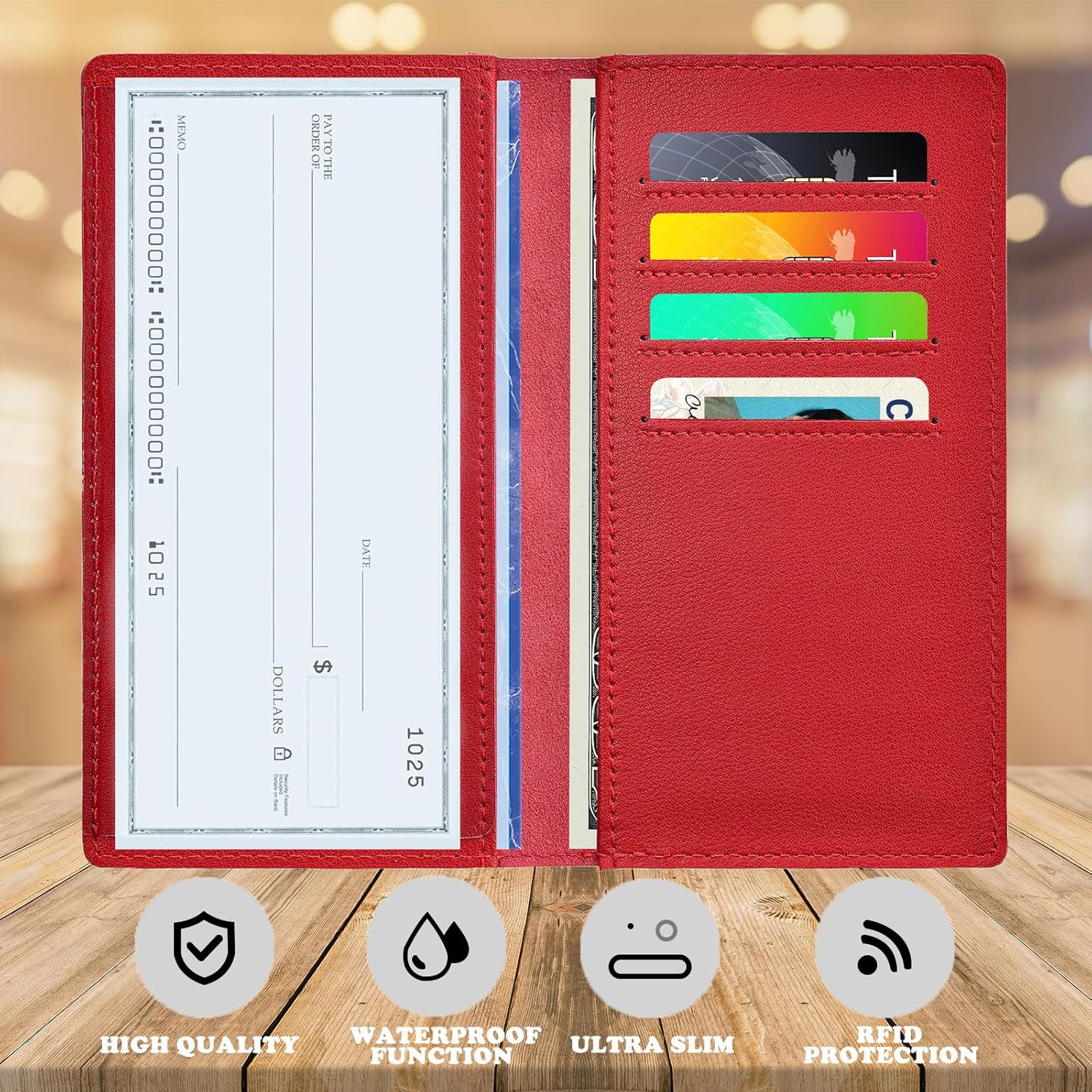 Hoffi Checkbook Covers for Personal Duplicate Checks, Genuine Leather Checkbooks Register Cover Holder Wallets for Women & Men (Red) - Image 2