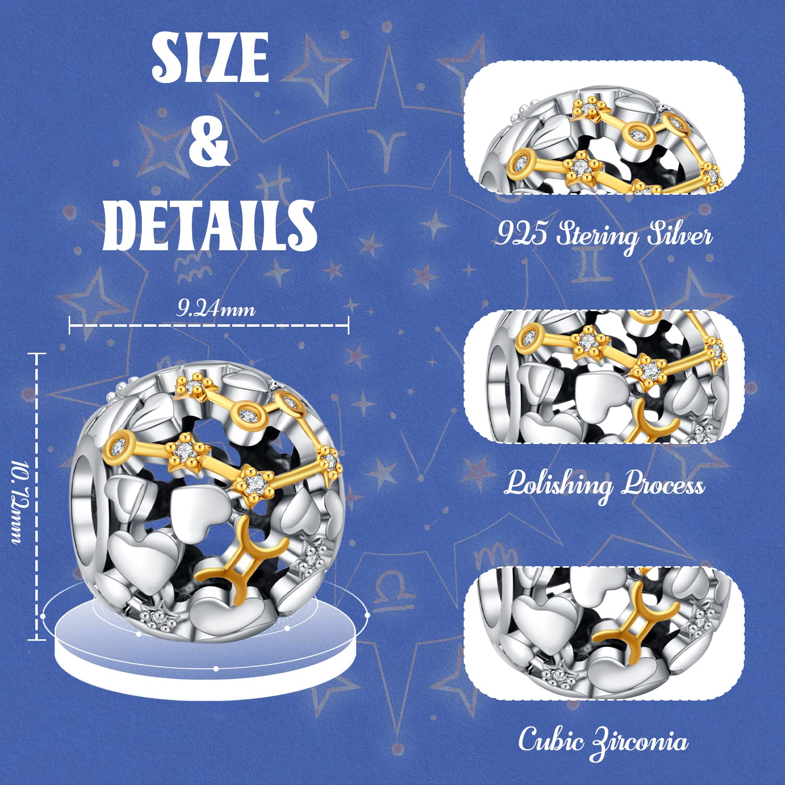 Annmors Charms Signes du Zodiaque Breloque Femme 925 Perles Argent Sterling Zircone Compatible Européen Bracelets Collier