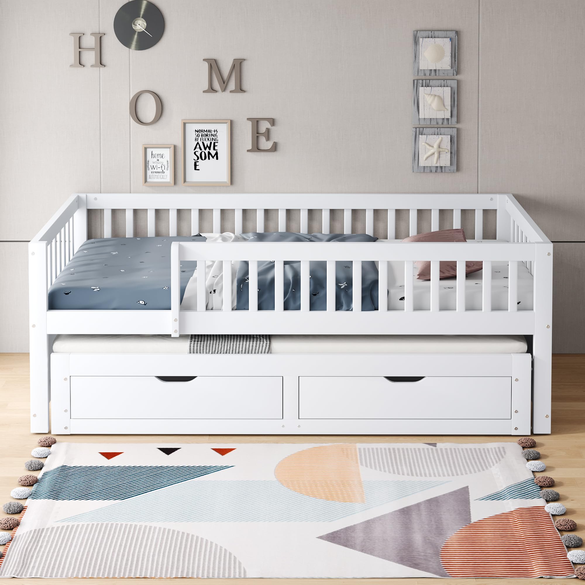 Dolamaní Kinderbett 90x200 cm mit Ausziehbares Bett, Bodenbett mit 2 Schubladen Darunter, Ausziehbett mit Lattenrost, Gästebett Jugendzimmer Kojenbett ohne Matratze (Weiß)