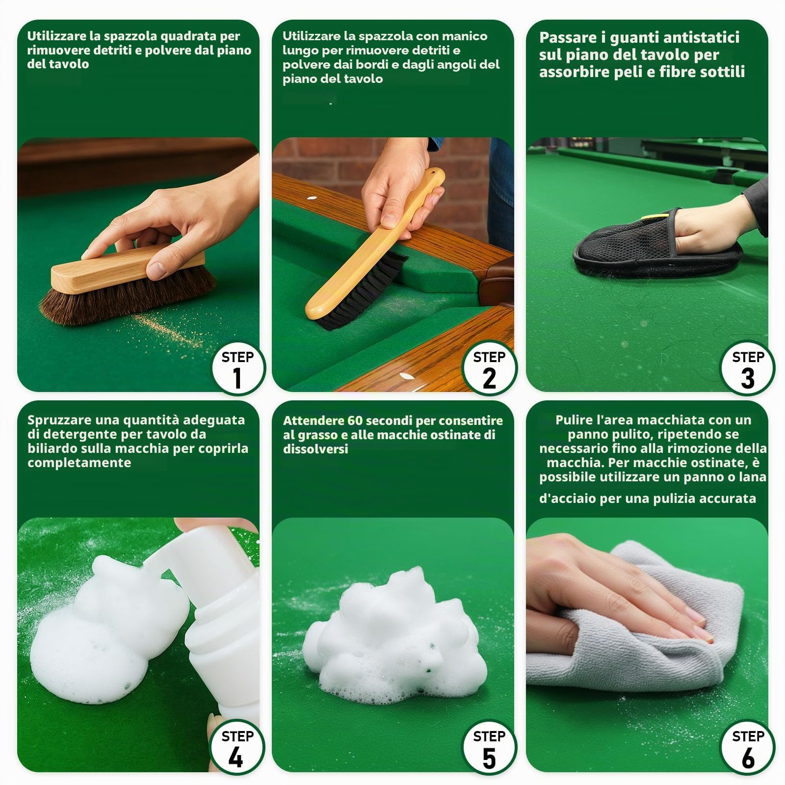 Kit per la pulizia del tavolo da biliardo, potente detergente per eliminare rapidamente gesso e macchie, ripristina la morbidezza del feltro, con spazzola per tavolo da biliardo e guanto antistatico
