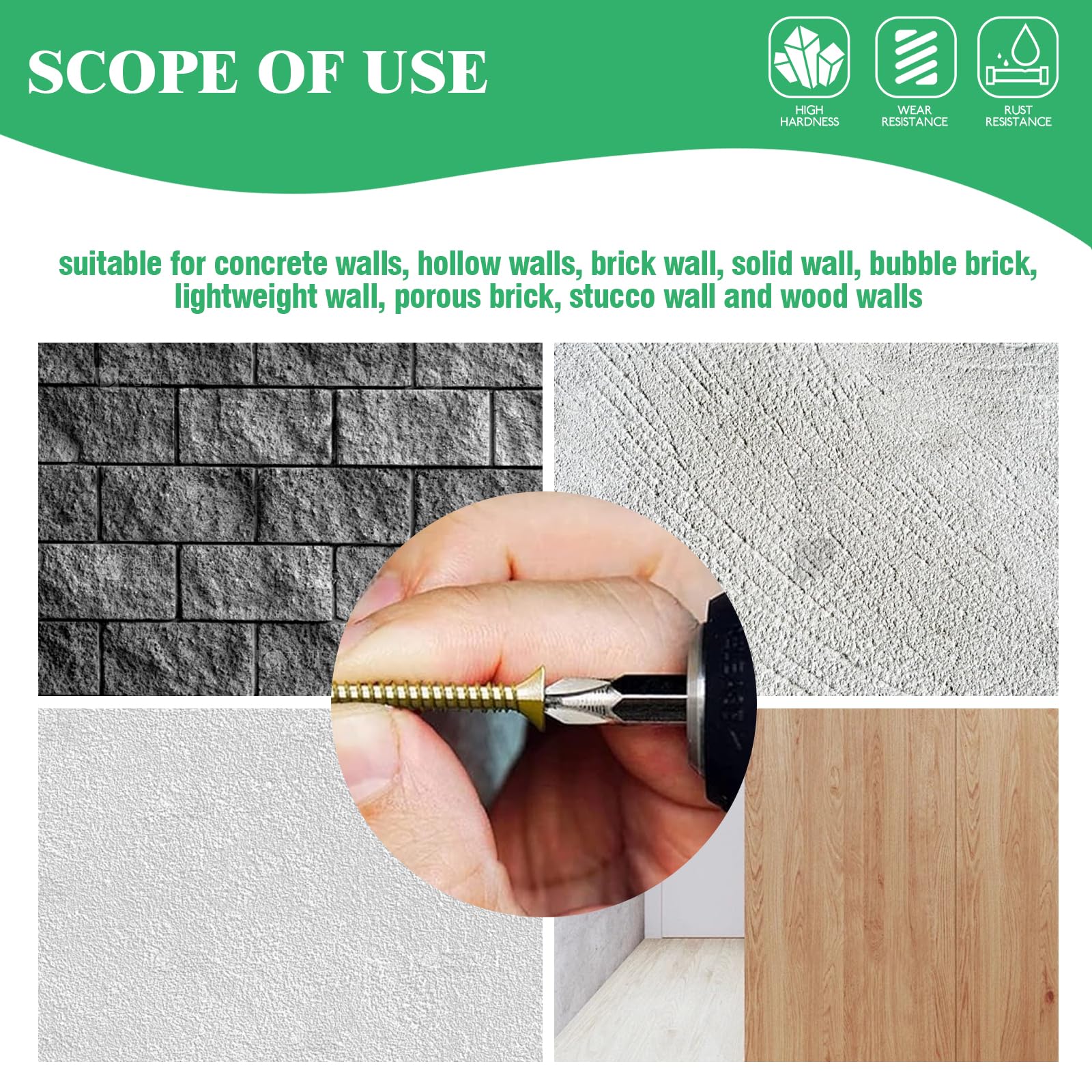 Juego de 180 anclajes de pared de acero de 4 tamaños con tornillos, 5 x 30 mm, 6 x 32 mm, 8 x 38 mm, 10 x 60 mm, kit de reparación de agujeros de bisagra sueltos resistentes para paredes de
