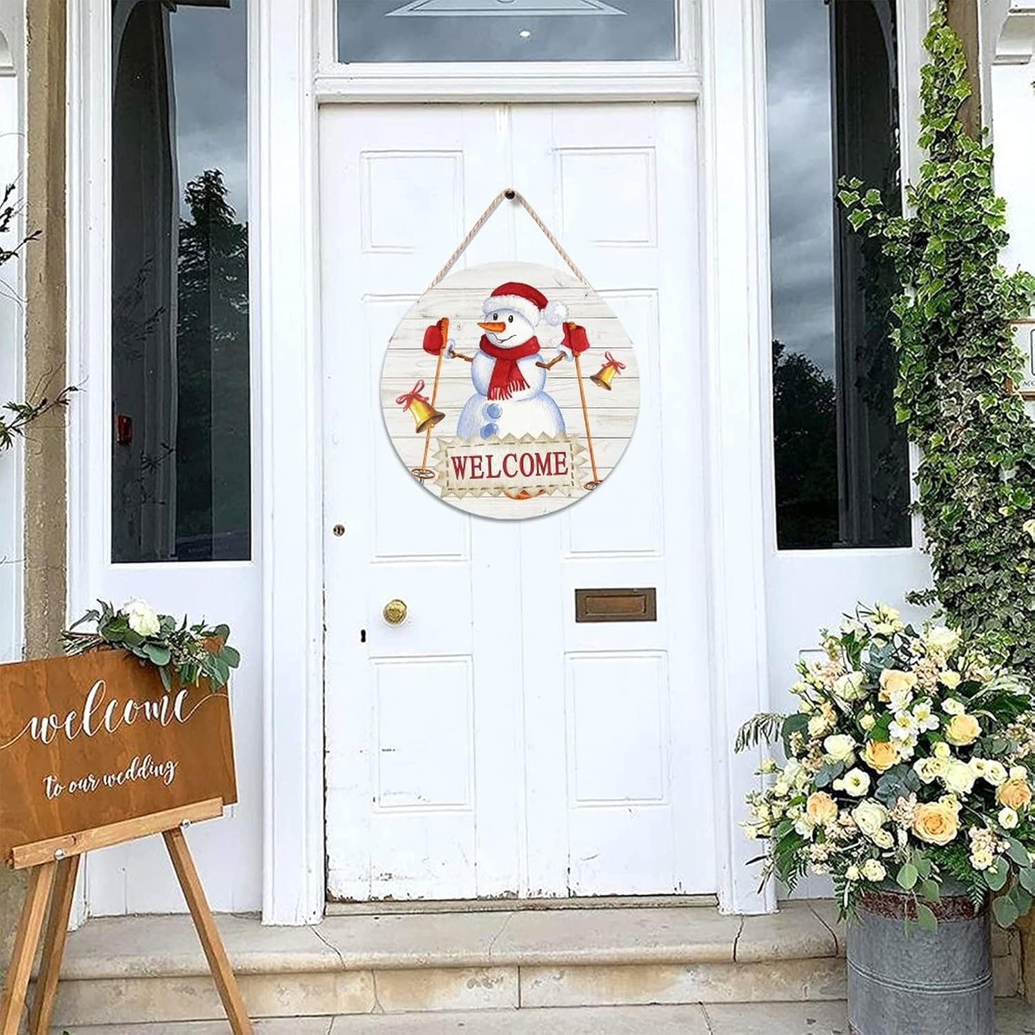 Merry Christmas Welcome Front Door Sign, Christmas Snowman Welcome Wood Door Sign, Christmas 16x16in Welcome Wall Hanging Sign Plaque Farmhouse Front Porch Decor Housewarming Gifts
