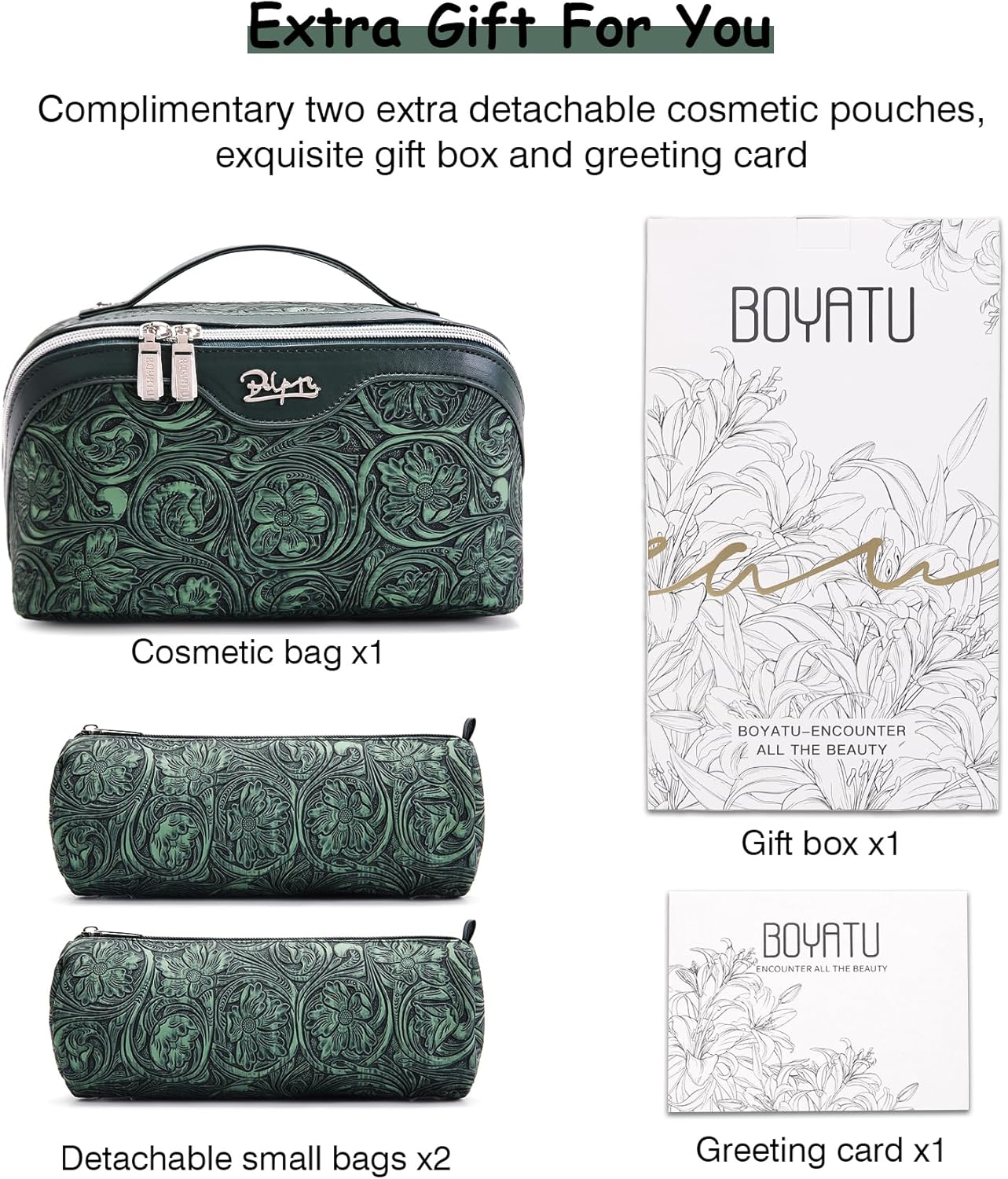 BOYATU Travel Makeup Bags Cosmetic Organizer Bag: 3 Pcs Set Large Capacity Floral Make up Bag with Compartments - Waterproof Leather Toiletry Bags with Handle for Women (18-Green)
