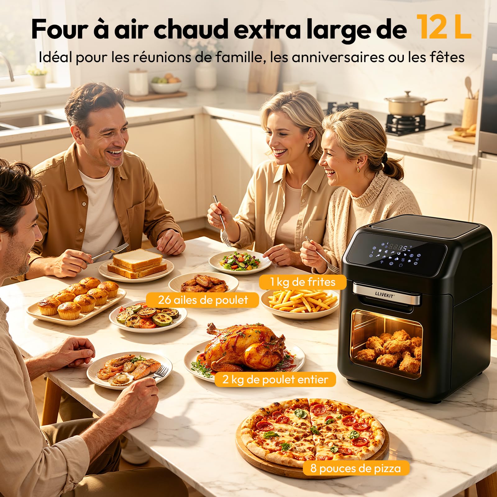LLIVEKIT Friteuse à Air Chaud 12L, Four à Air Chaud avec 12 Fonctions, Mini Four, 1800 W, avec Écran LED Numérique, Déshydratateur de Fruits, Barbecue, Livret de Recettes et 7 Sortes d'Accessoires