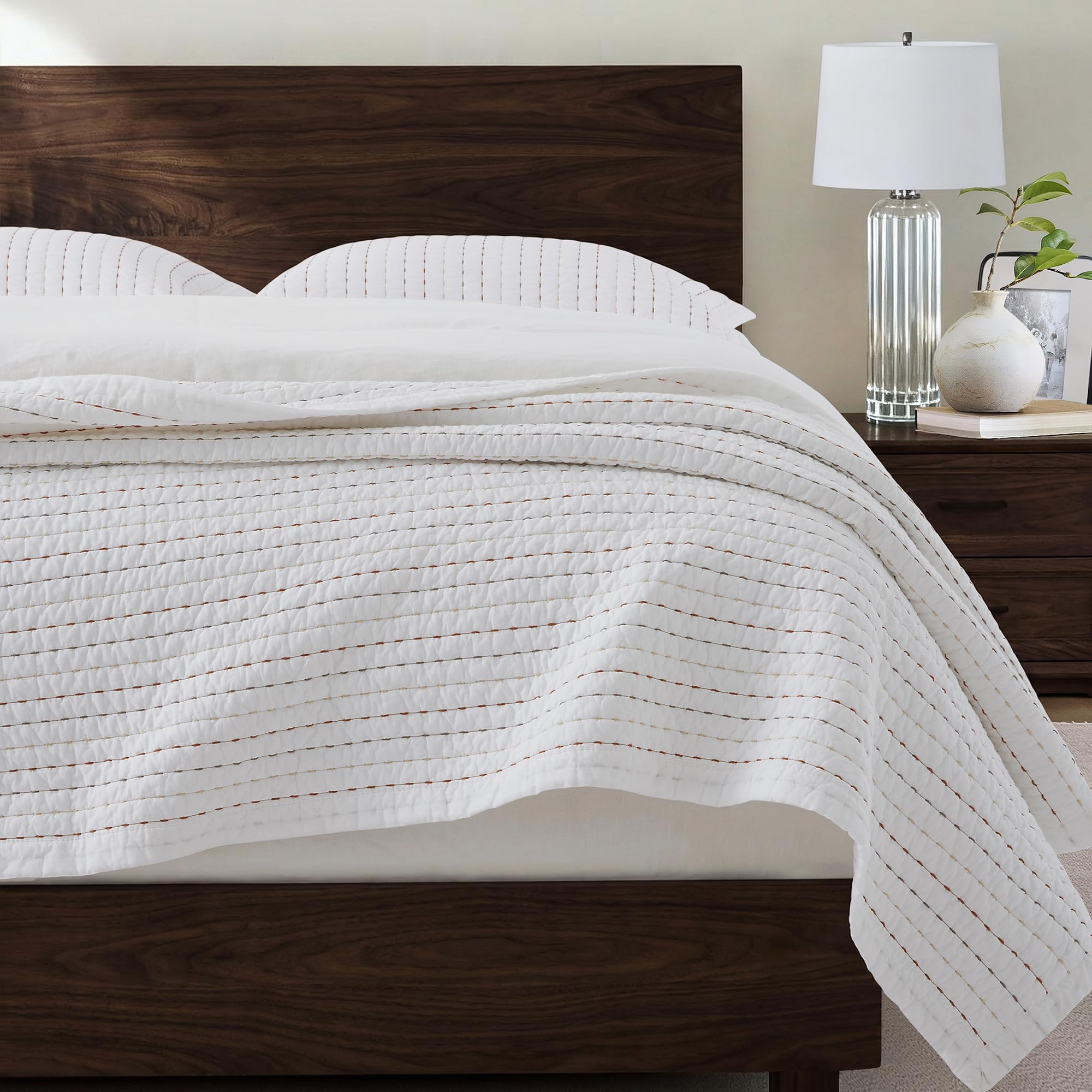 Photo 1 of HORIMOTE HOME 100% Cotton Twin Size Quilt Set, White Pre-Washed Striped Channel Stitch Bedding Set, Cozy Lightweight Bedspreads Coverlet Set with 1 Sham for All Season, 2 Pieces