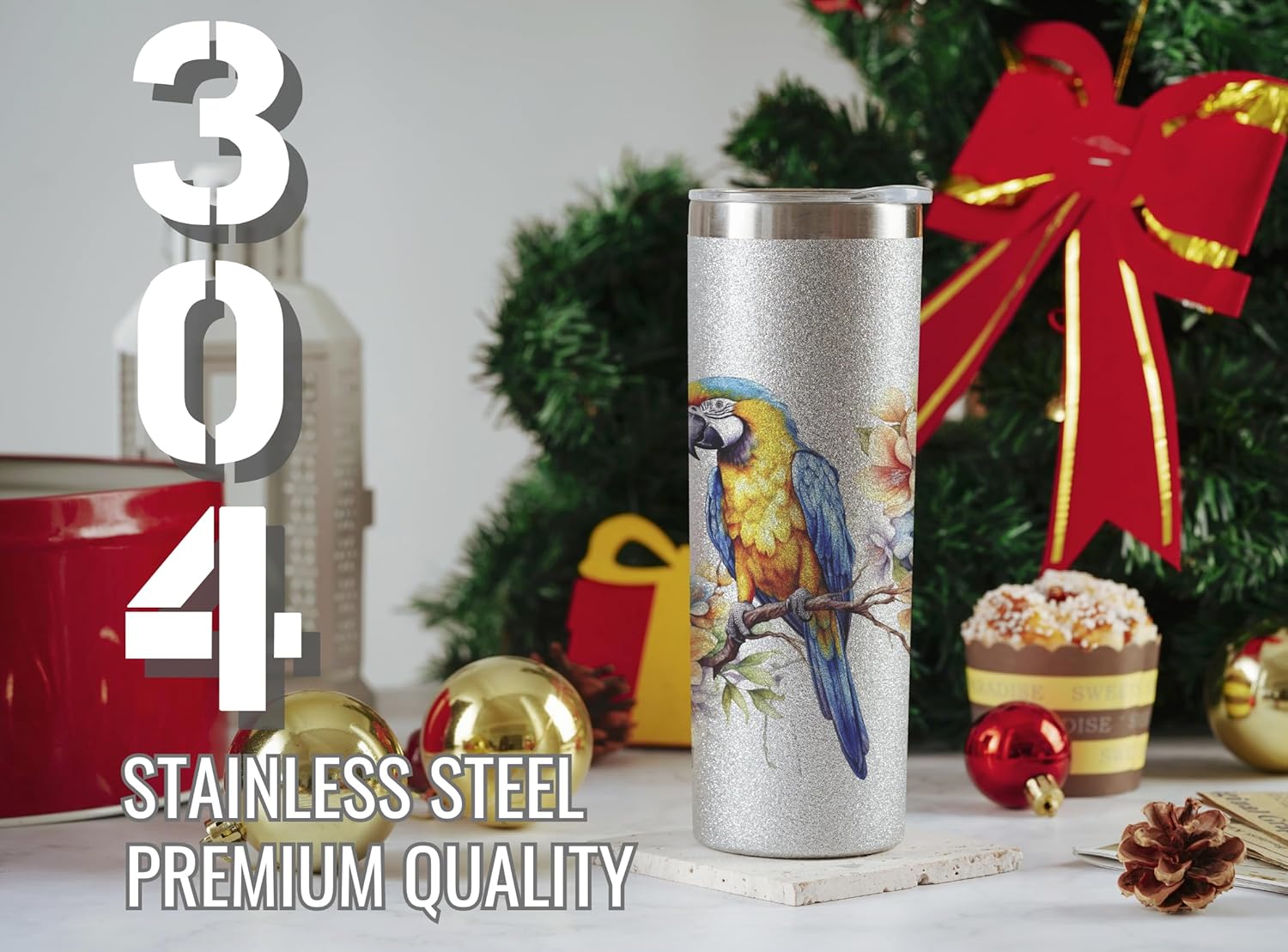Onebttl Parrot Gifts for Parrot Lovers, 20oz Silver Glitter Skinny Tumbler included Lid & Straw - Image 6