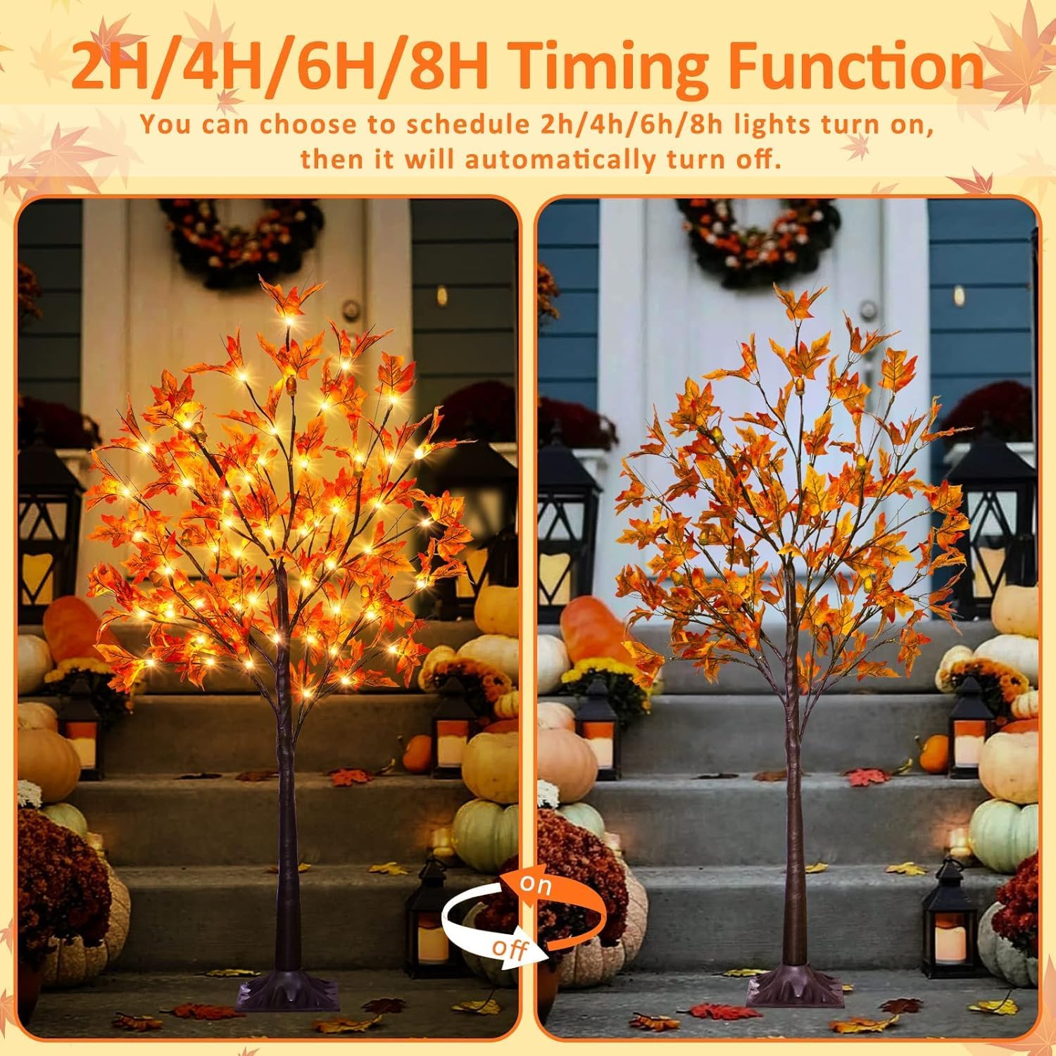 2 Pack 4FT 60LED Lighted Maple Tree - Thanksgiving Decor Artificial Tree with 6 Acorn, Remote 8 Flashing Modes, Timing, DC 5V Safe for Outdoor Wedding Party Autumn Decor - Image 4