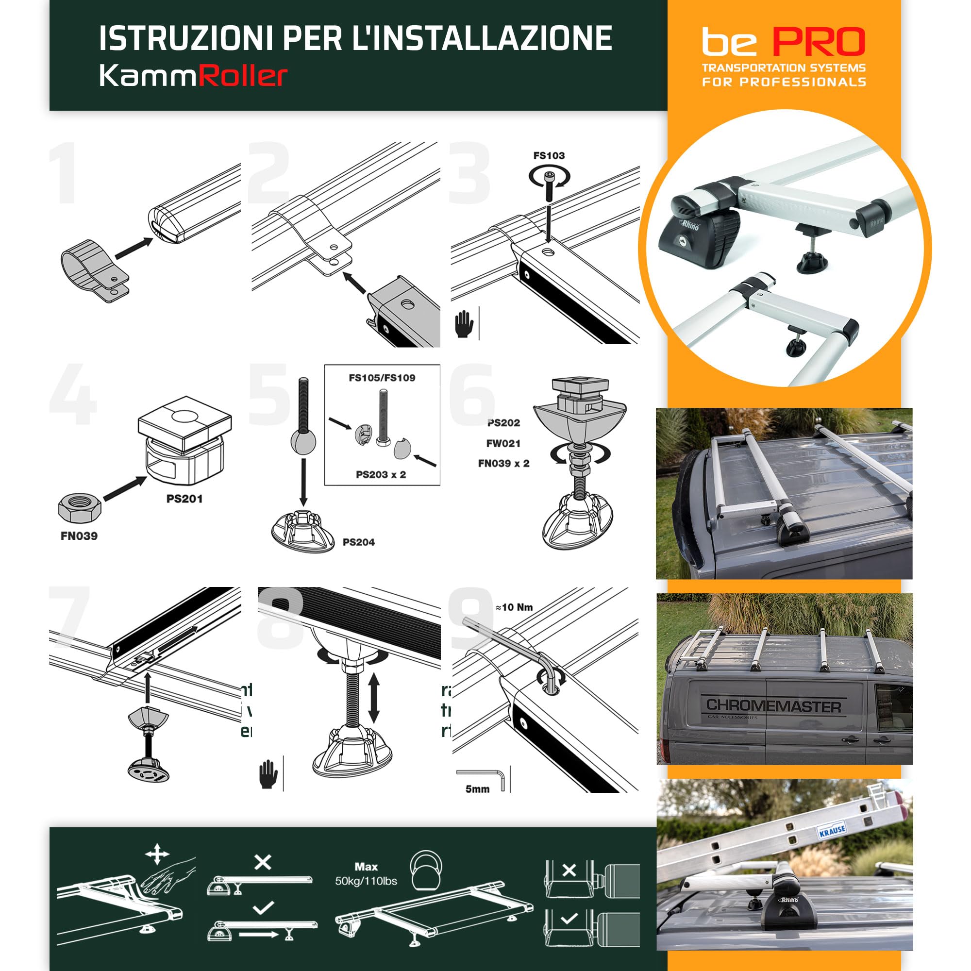 Rhino KammRoller | Compatibile con Mercedes Sprinter 2018+ L2H1 | Rullo di Carico per Portapacchi da Tetto; Rullo di Assistenza al Carico per Supporti KammBar; Sistema di Carico per Portapacchi