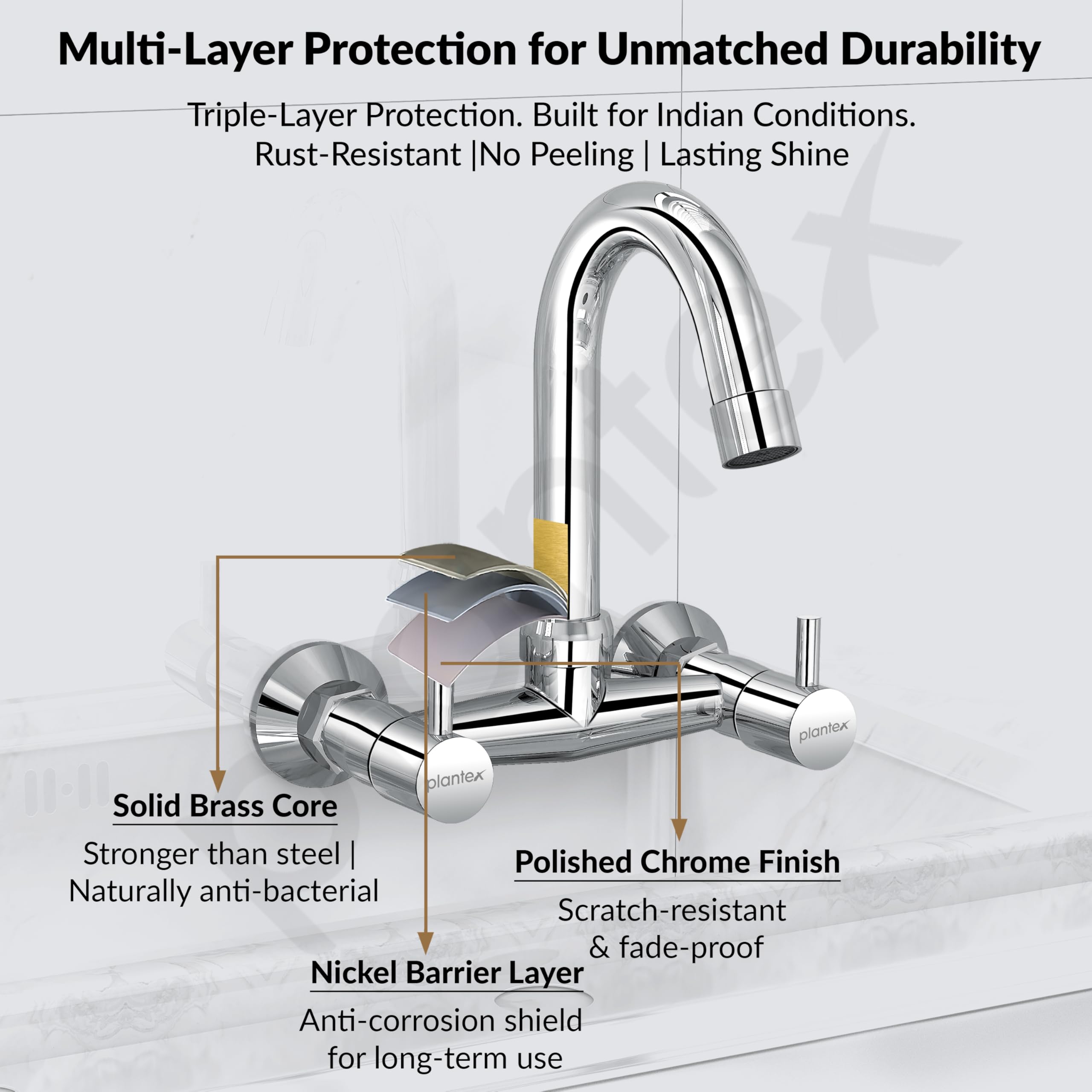 Plantex Brass Sink Mixer Tap - Hot & Cold, Chrome Finish -7