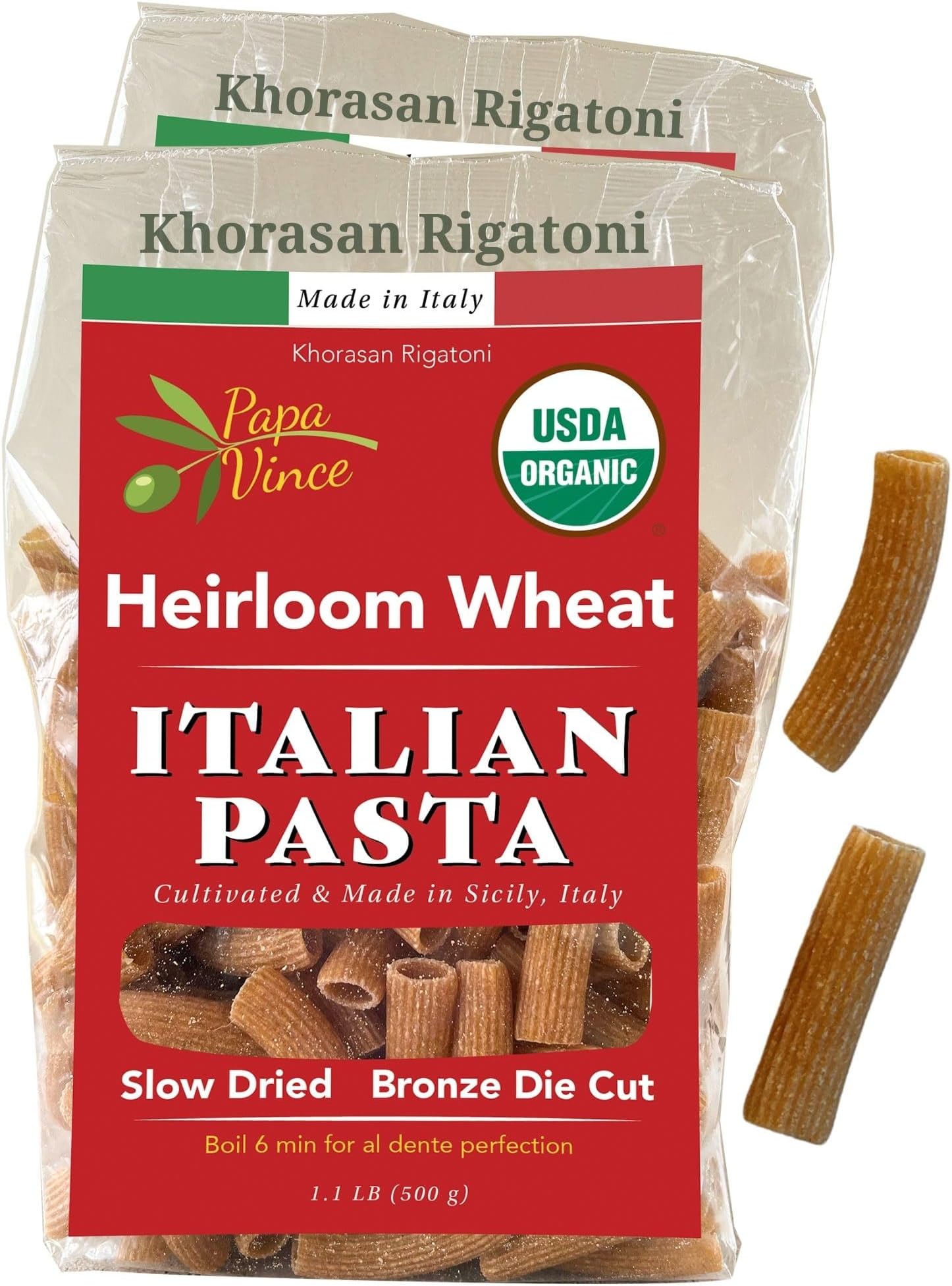 Papa Vince Organic Whole Wheat Non Enriched Rigatoni: Low Gluten Italian Pasta made in Italy from Organic Non GMO Khorasan Ancient Grain grown in Sicily. Slow Dried Bronze Die Cut. High in Selenium & Zinc