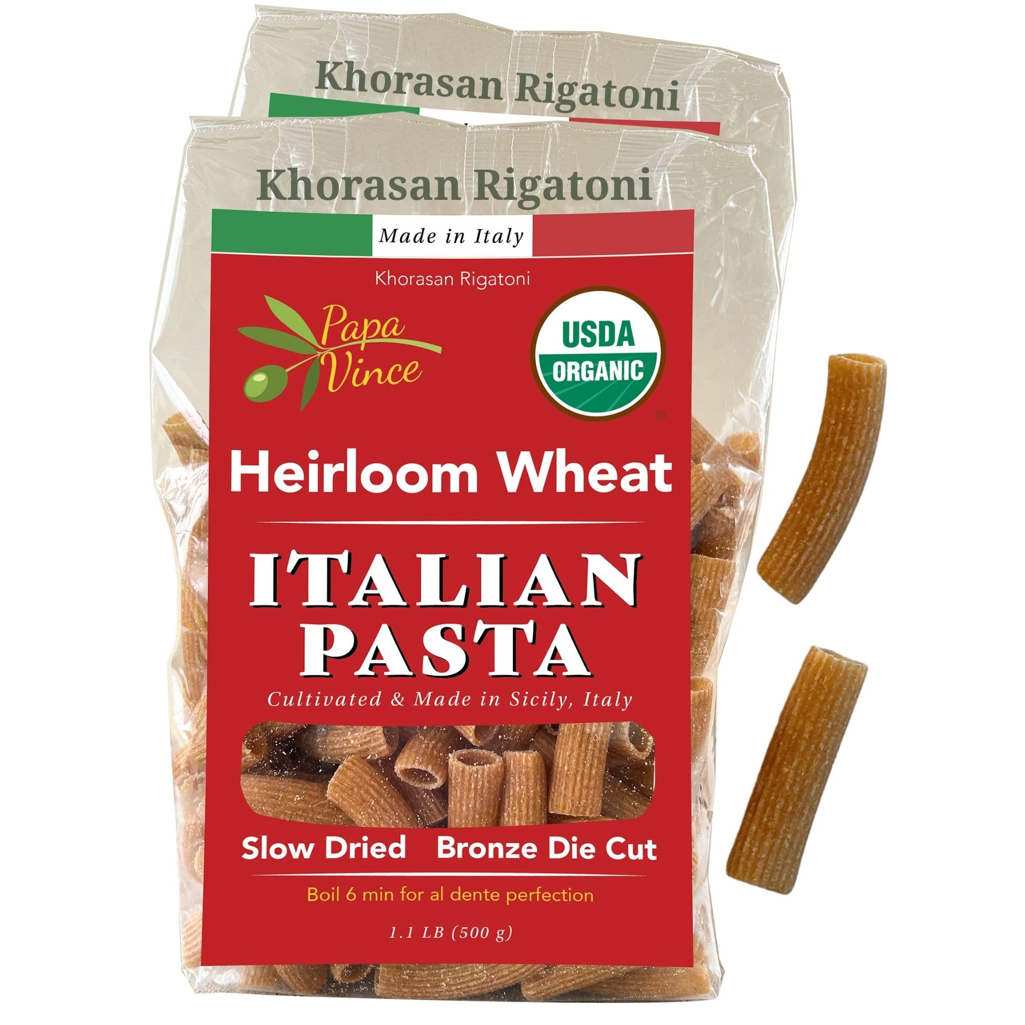 Papa Vince Organic Whole Wheat Non Enriched Rigatoni: Low Gluten Italian Pasta made in Italy from Organic Non GMO Khorasan Ancient Grain grown in Sicily. Slow Dried Bronze Die Cut. High in Selenium & Zinc