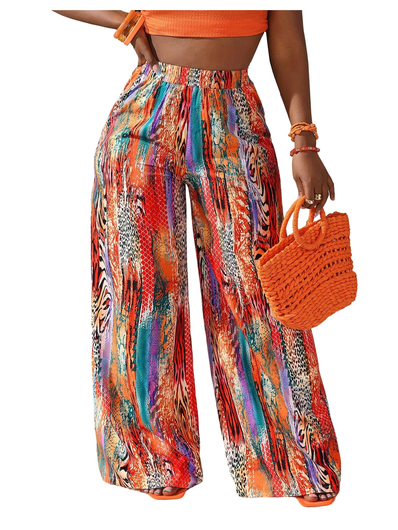 SOLY HUX Womens Boho Palazzo Pants Leopard Floral Print High Waisted Wide Leg Baggy Casual Vacation Long Trousers