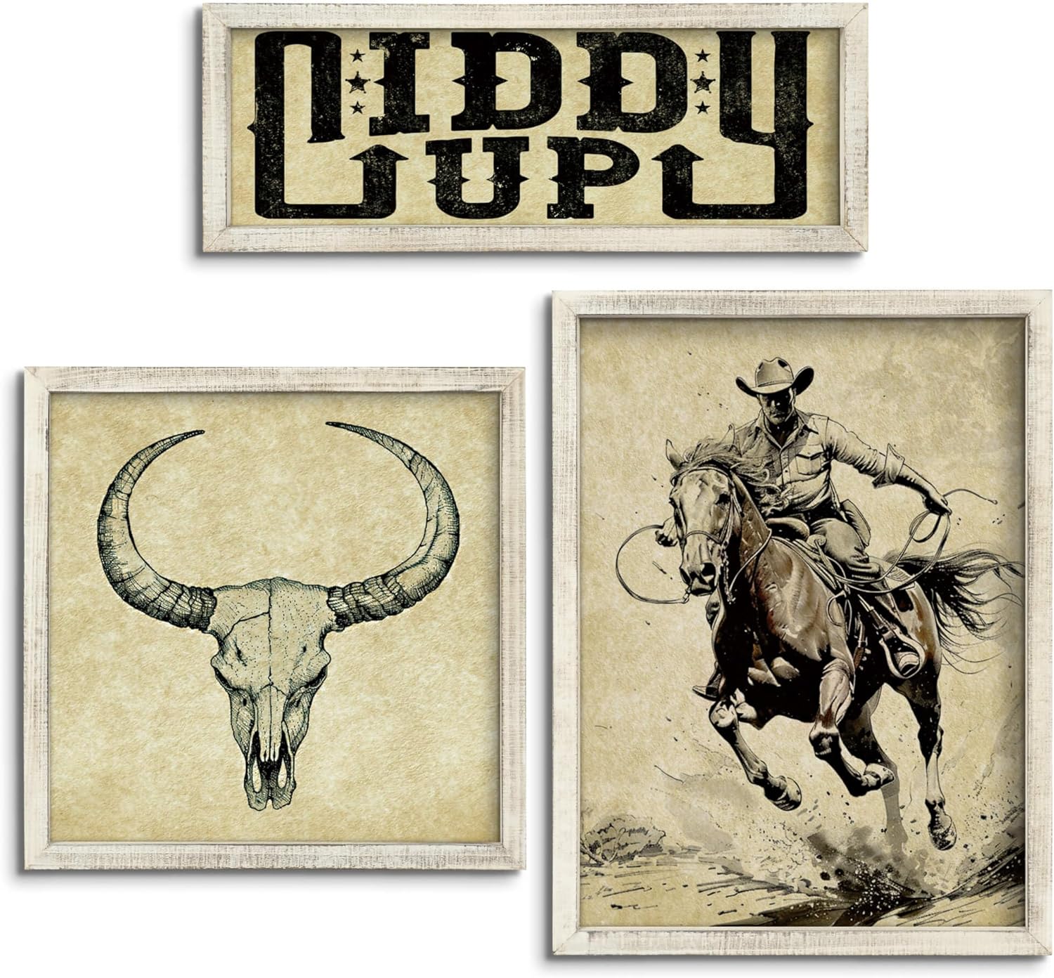 Putuo Decor Rustic 3 Piece Western Wall Art, Boho Bedroom Decor, Farmhouse Wall Decor (Giddy Up)