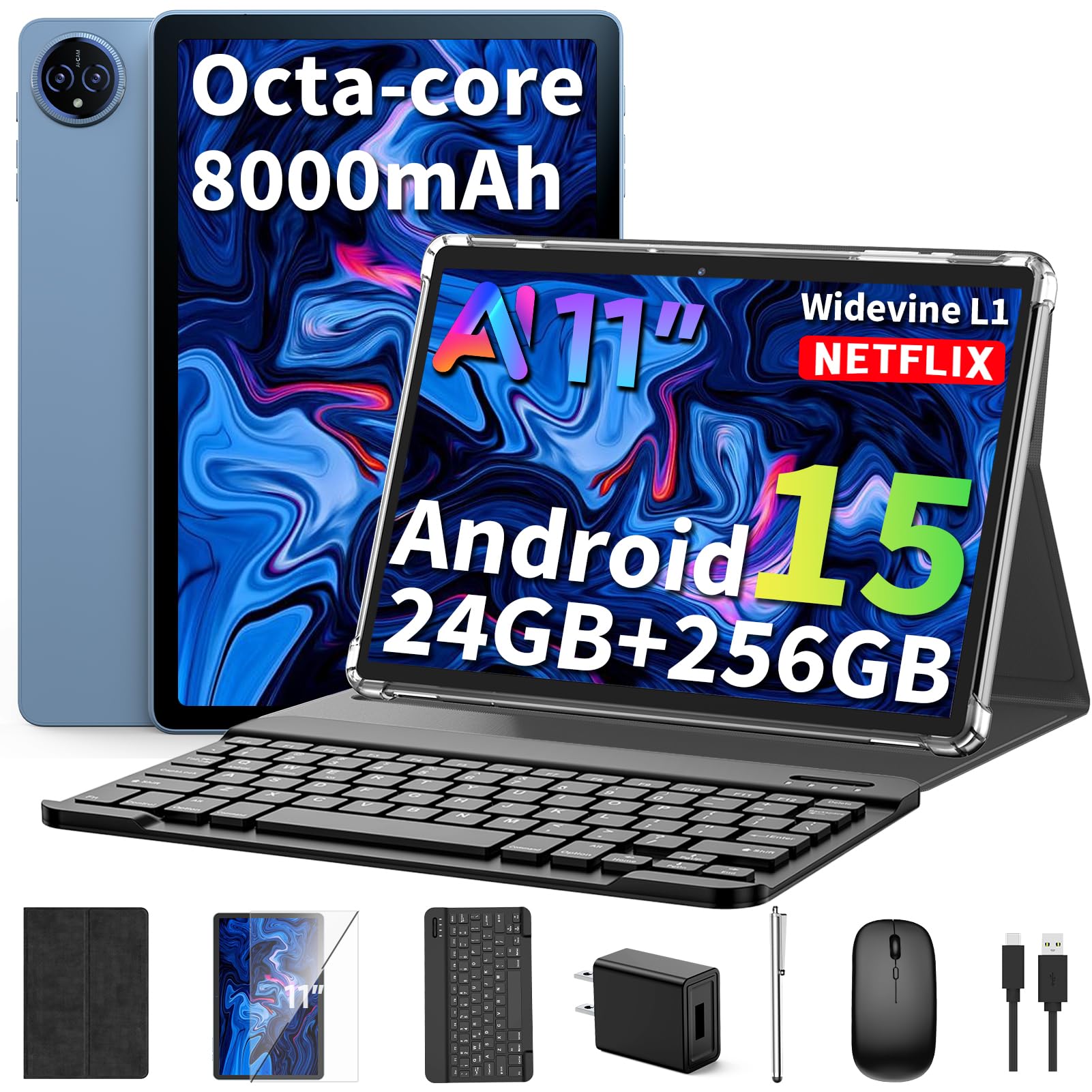 2026 11 Inch Tablet with Keyboard, Android 15 Tablet with Gemini AI(Silver) | 24GB+256GB+2TB Expand, 2-in-1 Tablets with 8-Core, WiFi, 8000mAh, GMS, GPS, Electronic Tablets PC with Mouse, Case, Stylus