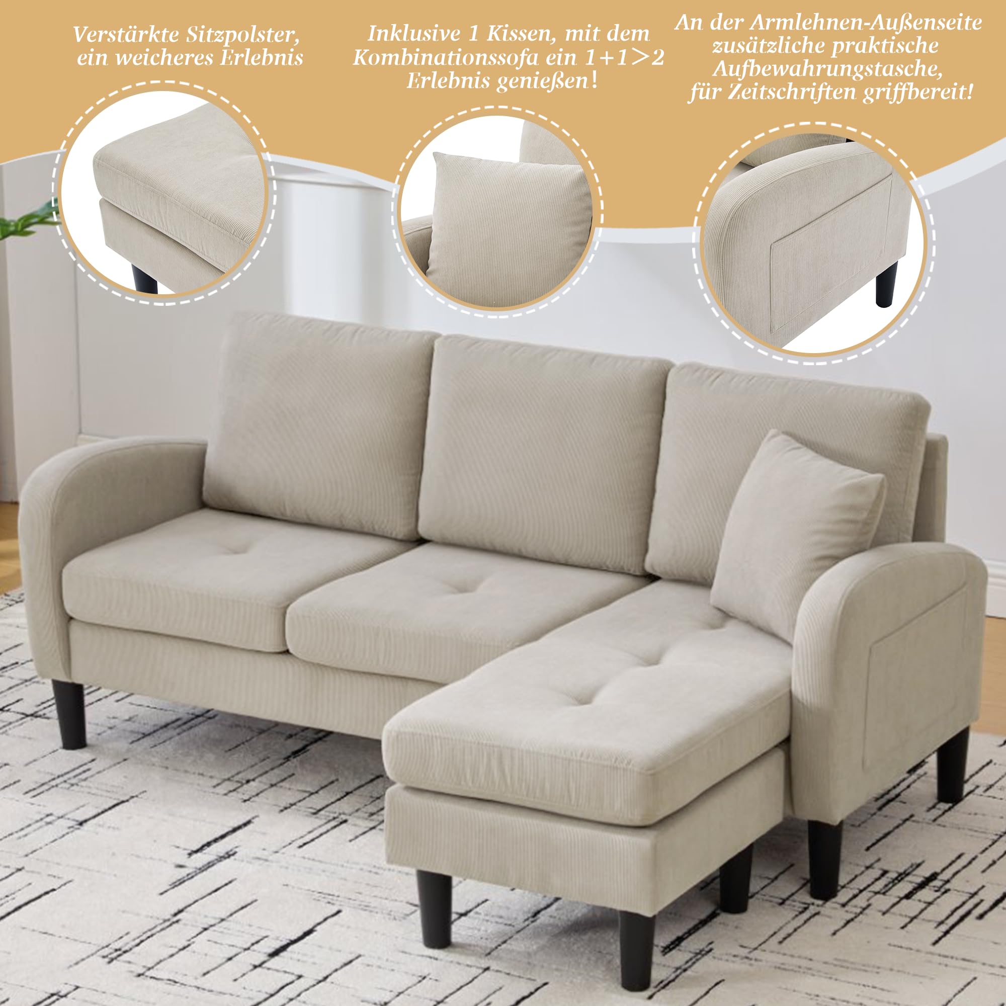 Divano angolare compatto a forma di L con chaise longue, divano a 3 posti per piccoli spazi, divano modulare per soggiorno in tessuto di lino e cotone traspirante, ideale per appartamento e ufficio