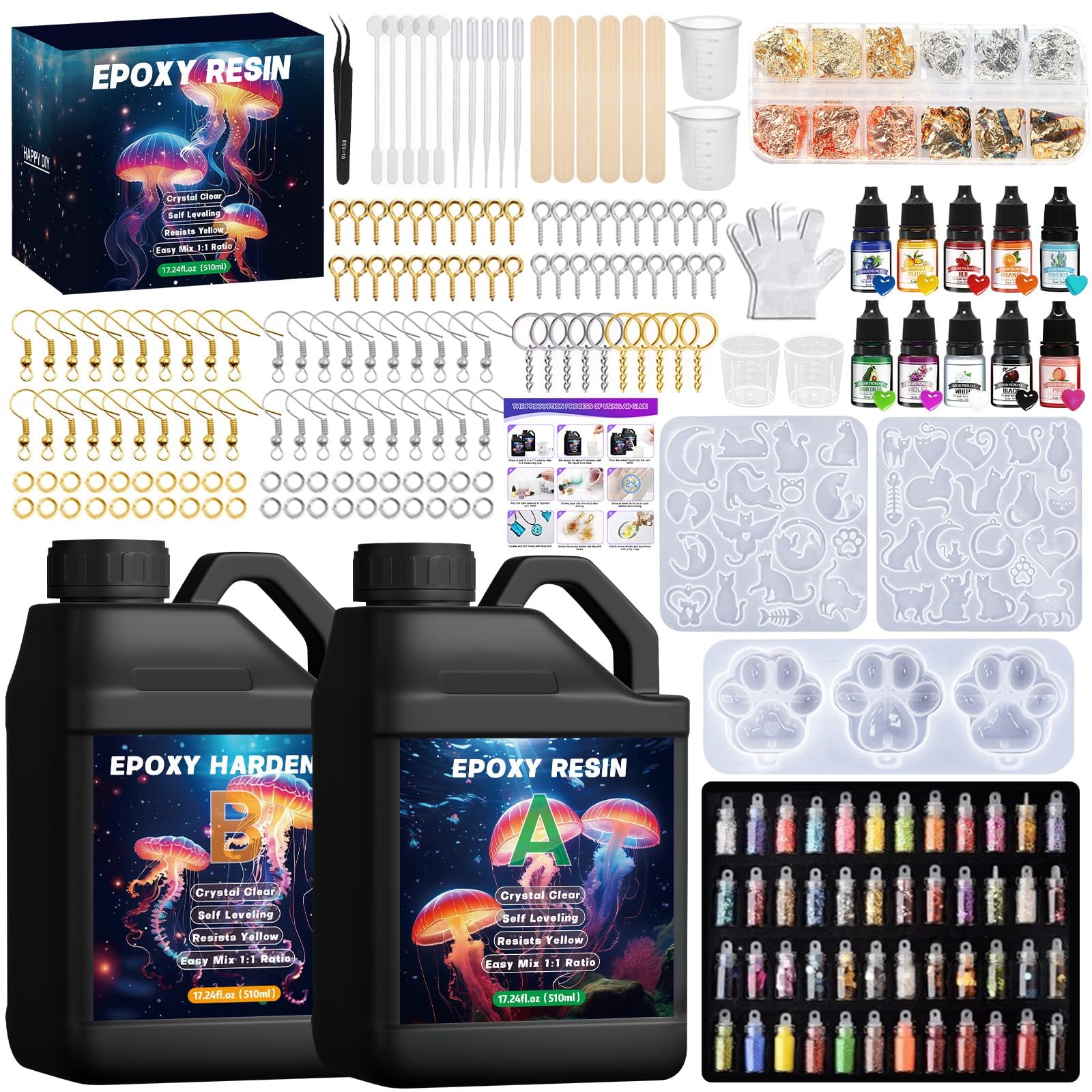 JOTOL Epoxyharsset voor beginners, kristalheldere gietset van hars, 500 ml, epoxyhars, set met epoxyharskleuren, glitter, maatbeker van siliconen JOTOL Epoxyharsset voor beginners, kristalheldere gietset van hars, 500 ml, epoxyhars, set met epoxyharskleuren, glitter, maatbeker van siliconen