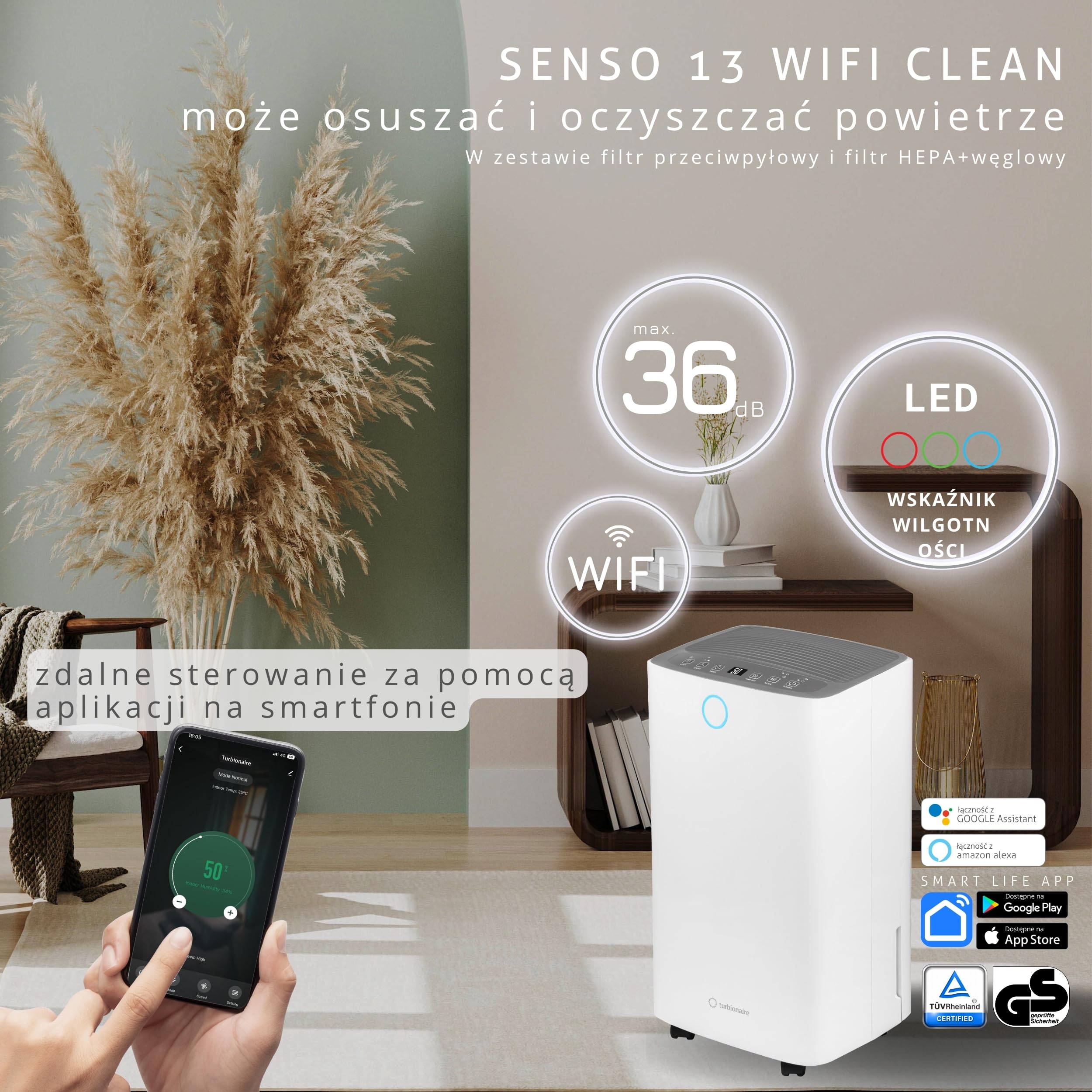 Osuszacz i Oczyszczacz Powietrza Turbionaire SENSO 13 WiFi Clean, 13 L/24h, Filtr HEPA + Węgiel Aktywny T-Clean, WiFi, Cichy 36 dB, Zbiornik 2 L, 120 m³/h, Wskaźnik Wilgotności, Timer