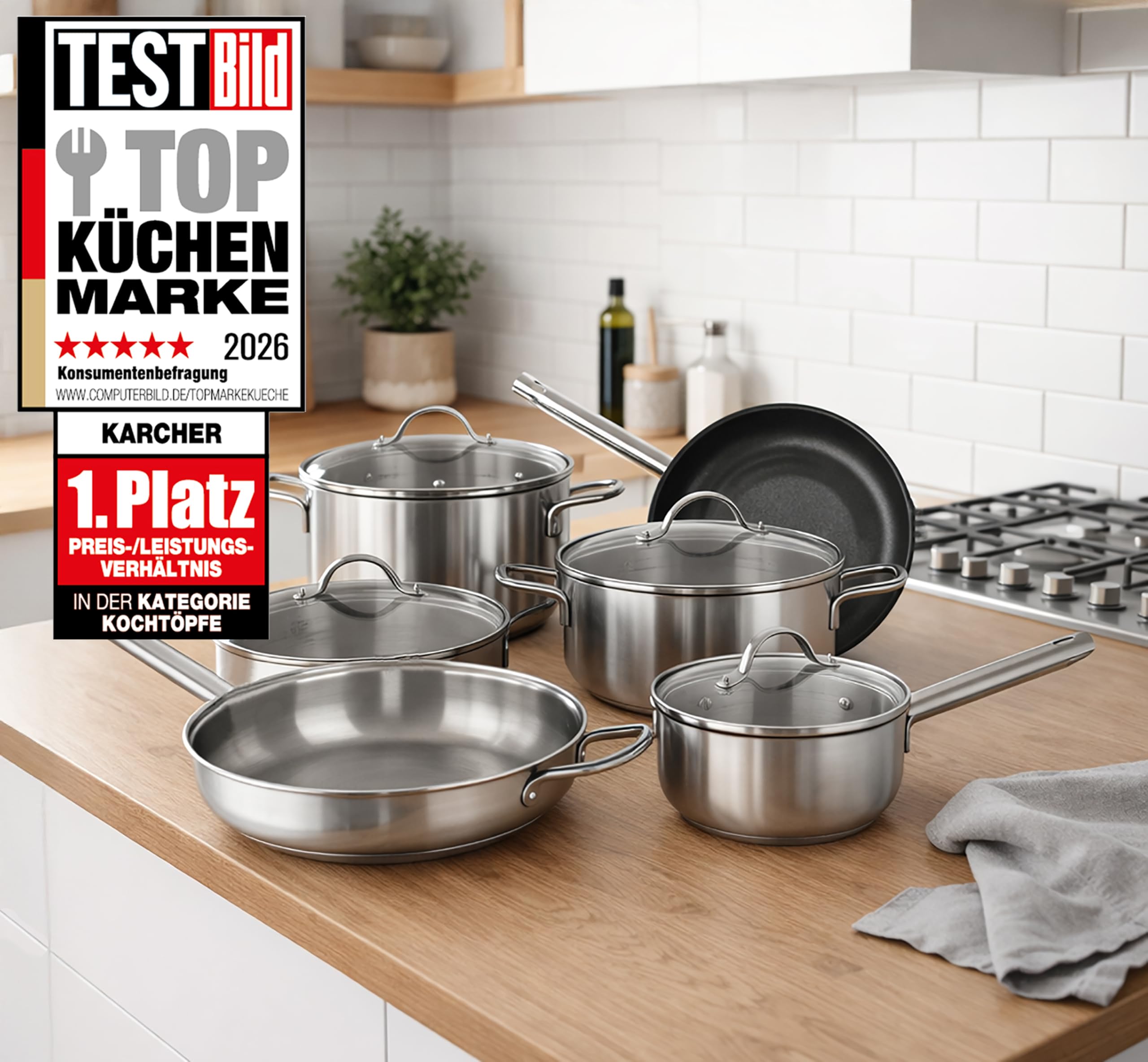 Karcher Topfset Jovita aus Edelstahl, Kochgeschirr Induktion-Kochtopf-Set, Töpfe mit Glasdeckel/Pfanne/Stielkasserolle, 10-teilig