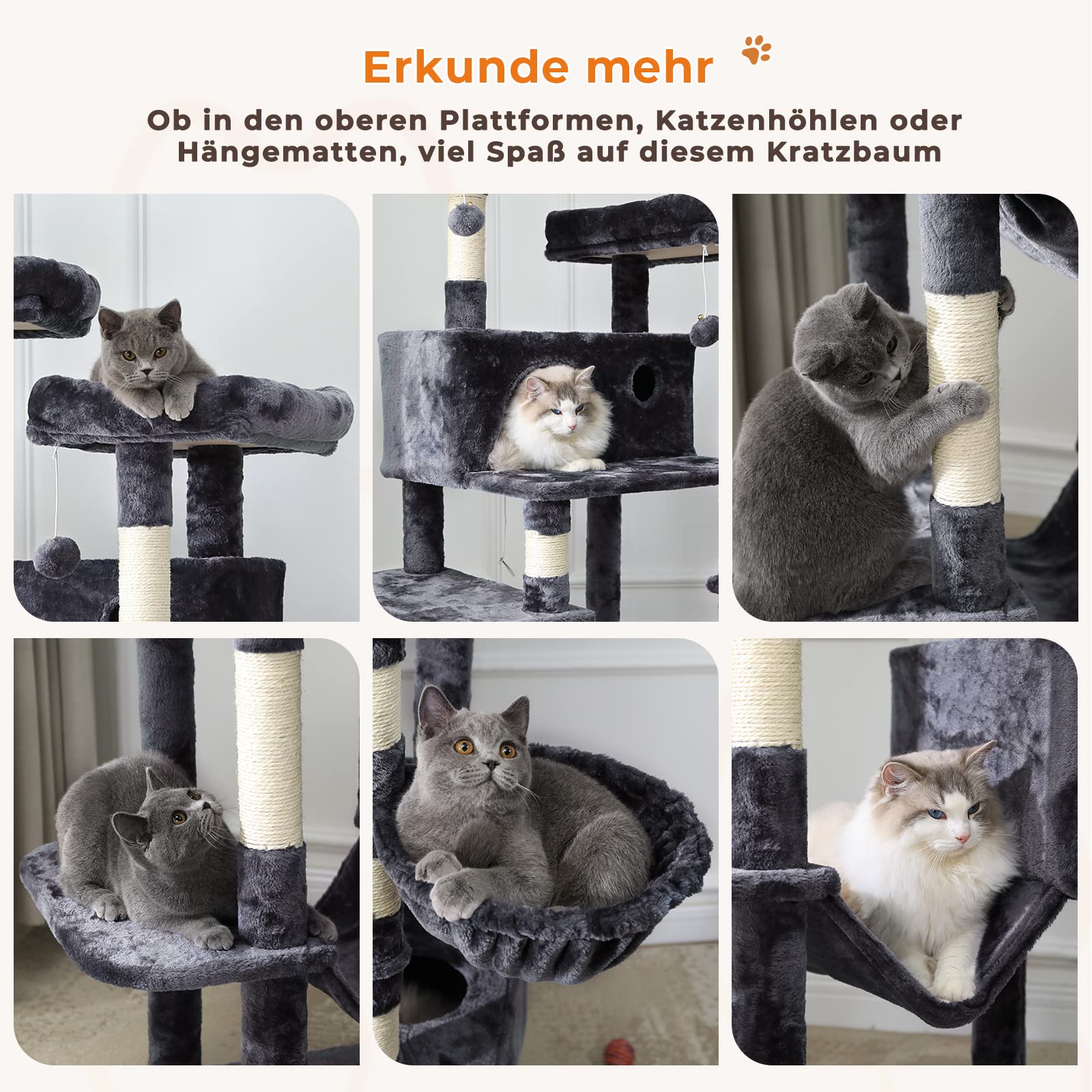 MSmask Rascador grande de 193 cm de alto, XXL, para gatos grandes, estable, con 2 cuevas, 2 plataformas, hamaca, árbol para gatos con varios niveles, rascador para gatos