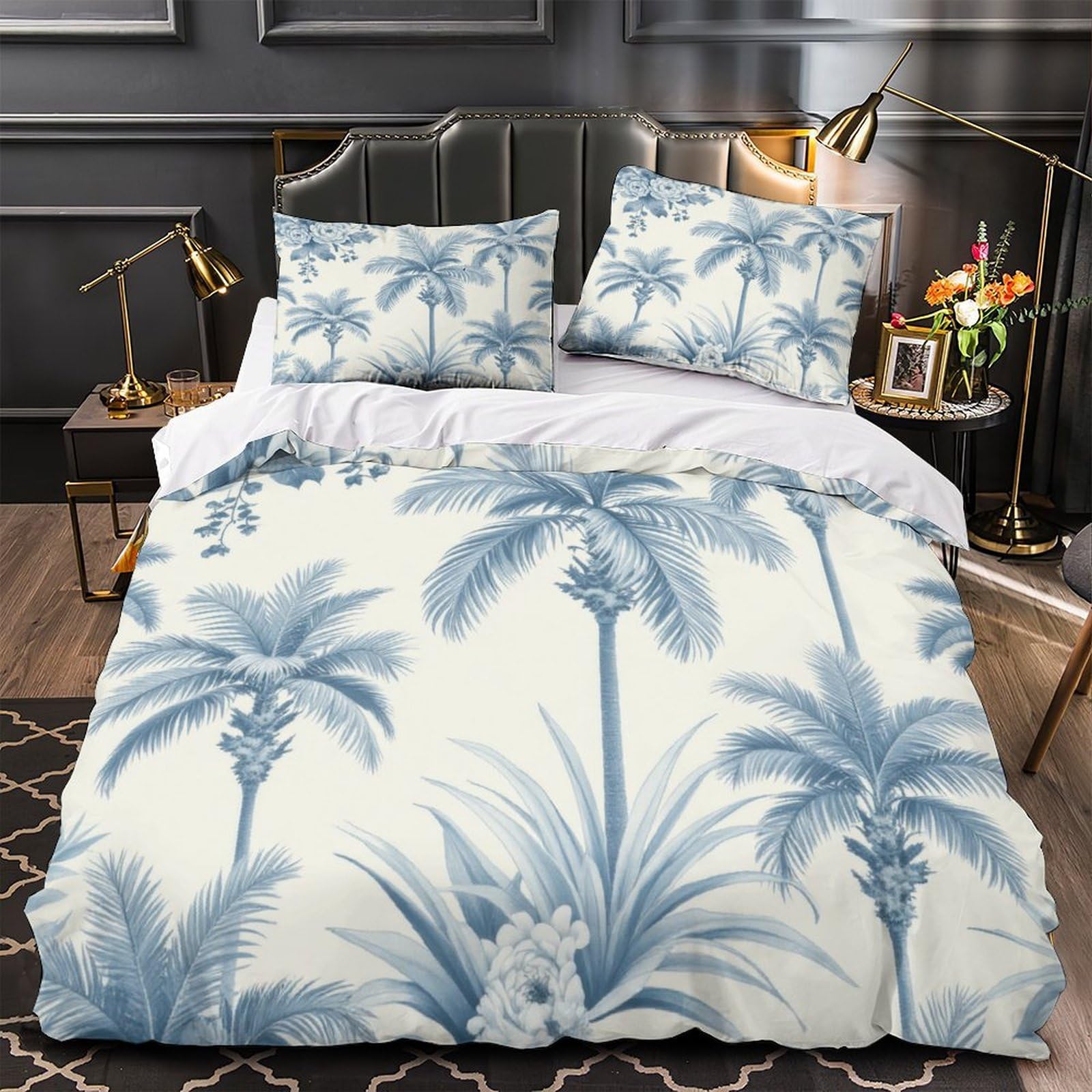 Housse de couette microfibre anti-plis et hypoallergénique bleu palmier 3D
