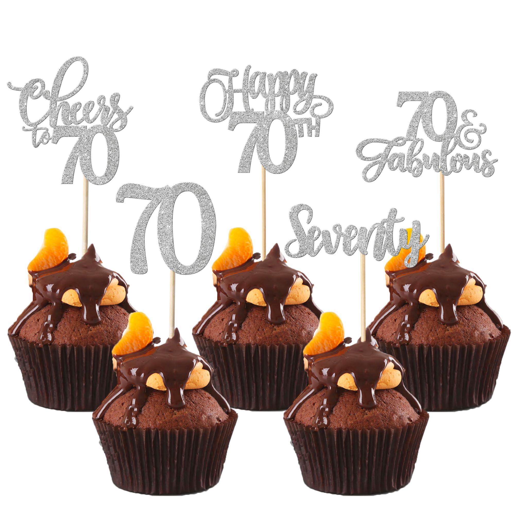 Xsstarmi 30 Pack 70th Birthday Cupcake Toppers Glitter Cheers to 70 Years Old Seventy 70 Fabulous Cupcake Food Toothpicks for Happy 70th Birthday Wedding Anniversary Party Cake Decorations Silver