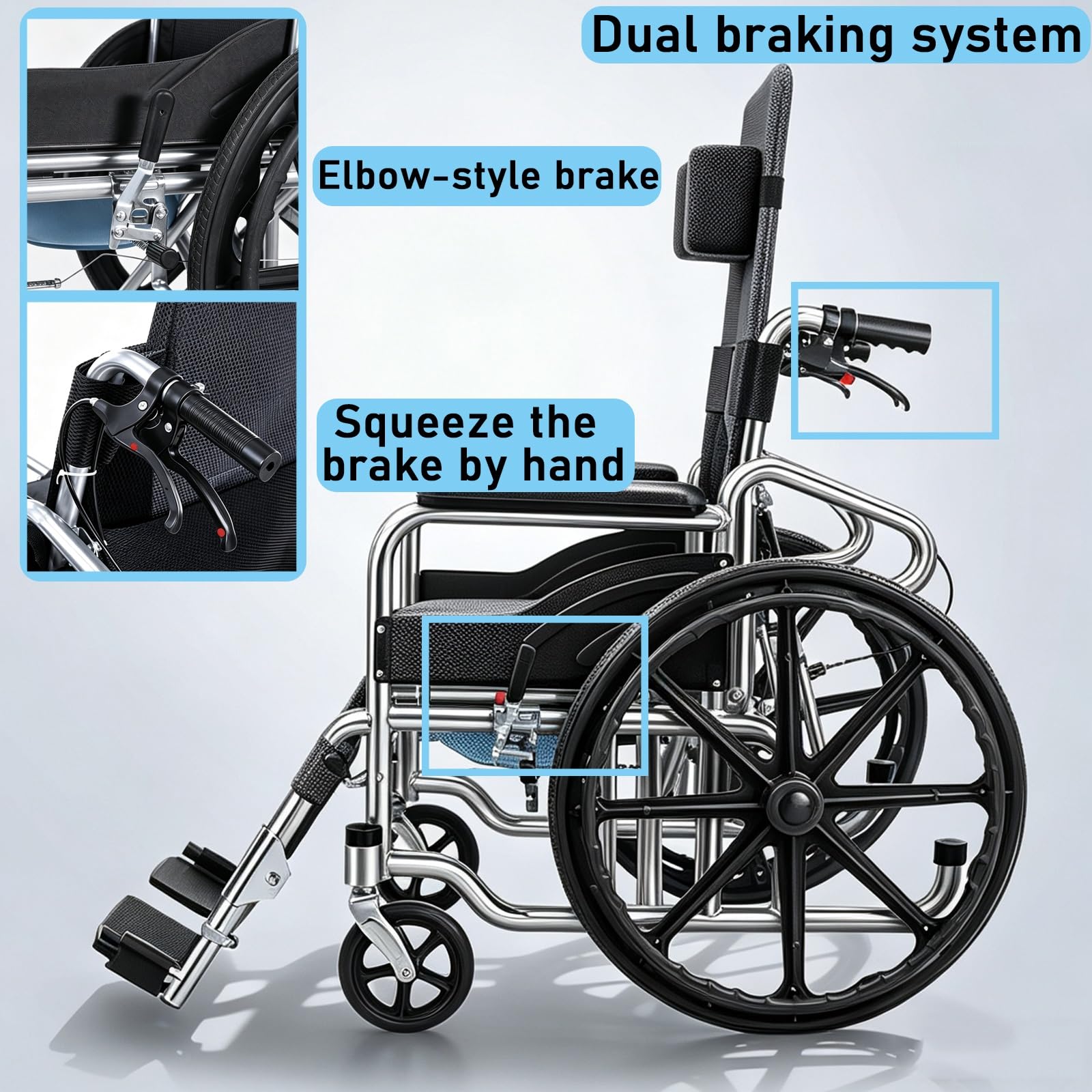 Sillas de Ruedas para Adultos Plegables Silla de Ruedas Ligera para Viajar | Respaldo Alto con Mesa de Comedor con Asiento de Inodoro Deslizante Frenos Dobles Tubos de Acero Engrosados