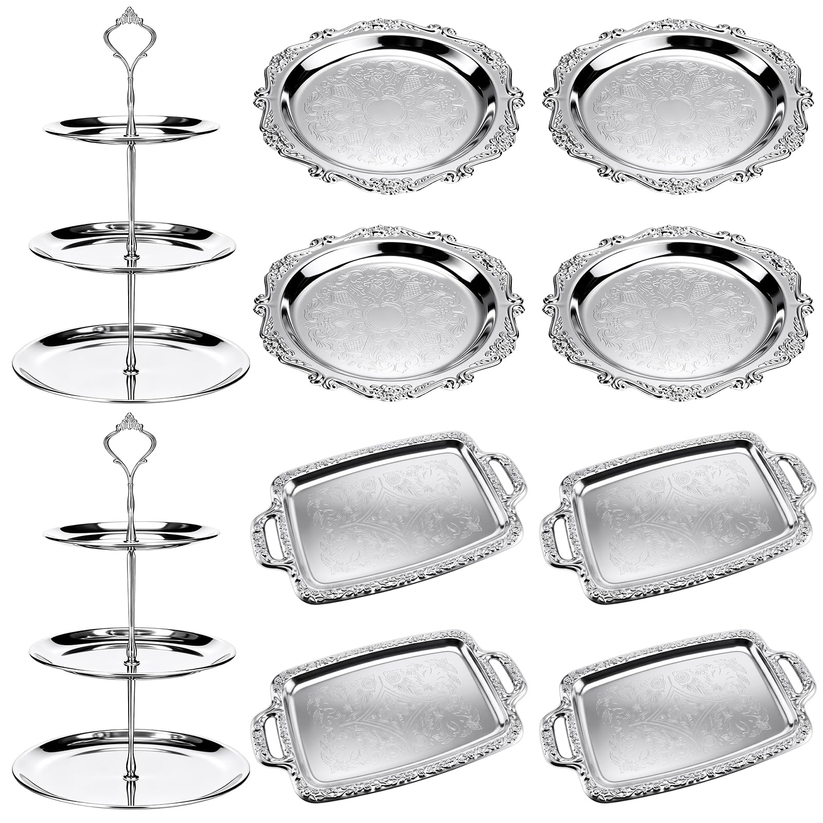 Photo 1 of Patelai 10 Pcs Elegant Silver Serving Tray Set Vintage 3 Tiered Serving Tray Floral Engraved Metal Platters with Handles Victoria Stainless Steel Cupcake Display Stands for Wedding Birthday Buffet