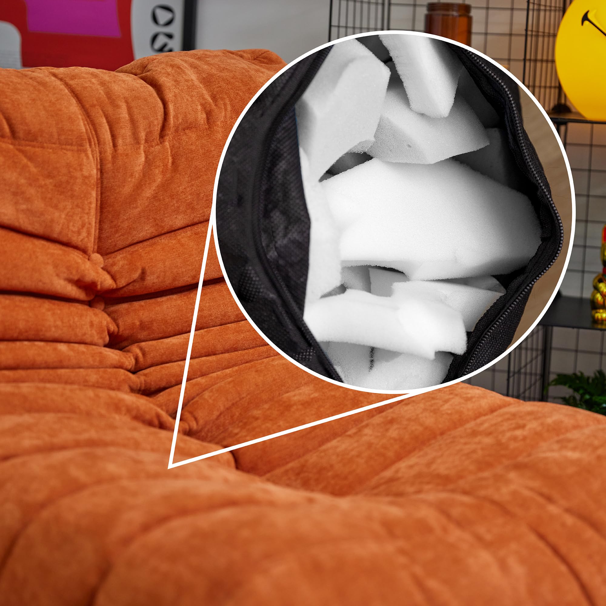 Icon Enzo Bodenstuhl mit Rückenlehne, Orange, Chenille Stoff, Bequemer Stuhl mit Schaumstofffüllung inklusive, Bodensofa, Wohnzimmermöbel, Schlafzimmerstuhl, Loungesessel, Akzentstuhl