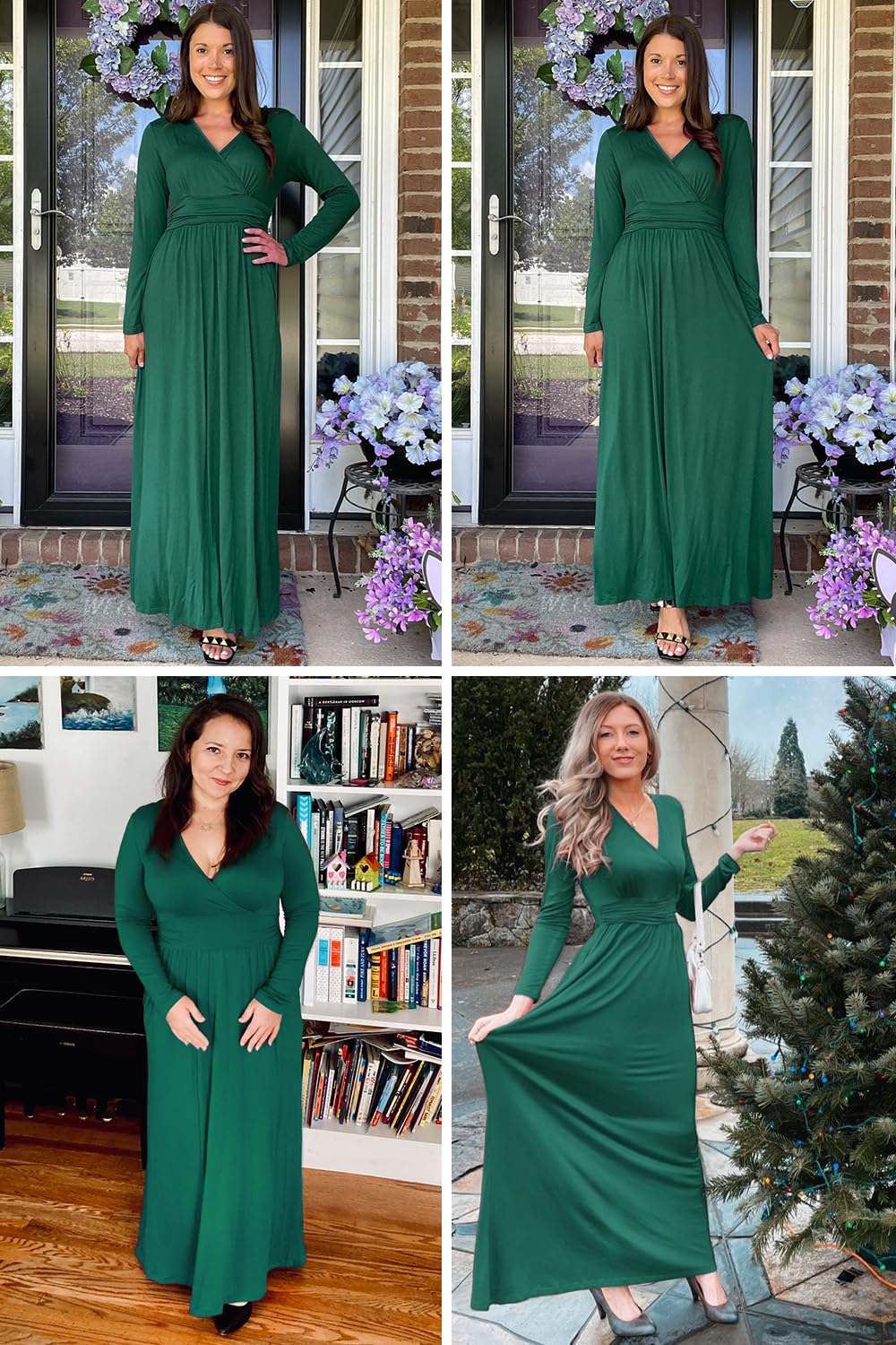 OUGES Maxi Abito Lungo con Scollo a V e Tasche per Donna (Grande (L), Verde)