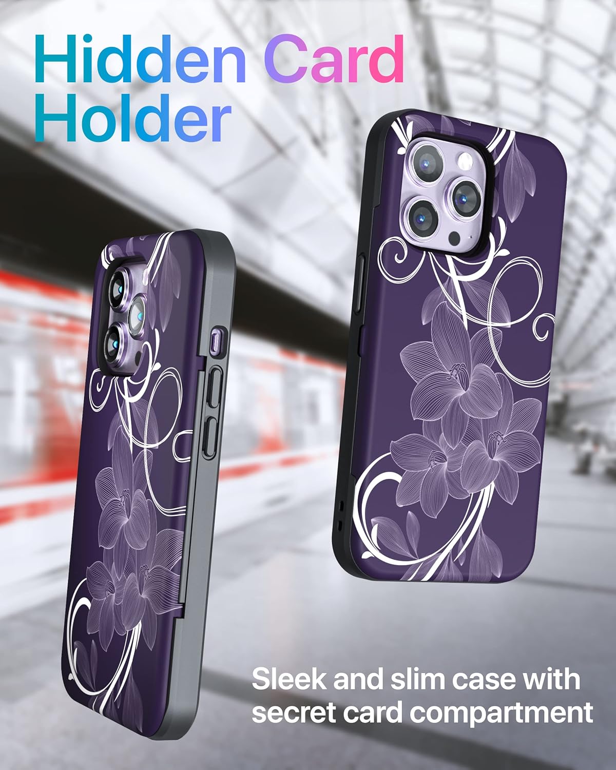 TORU for iPhone 14 Pro Max Wallet Case with Card Holder, Hidden ID Credit Card Slot Flip Kickstand, Slim Fit Shockproof Heavy Duty Phone Cover with Strap - Floral Pattern Flowers