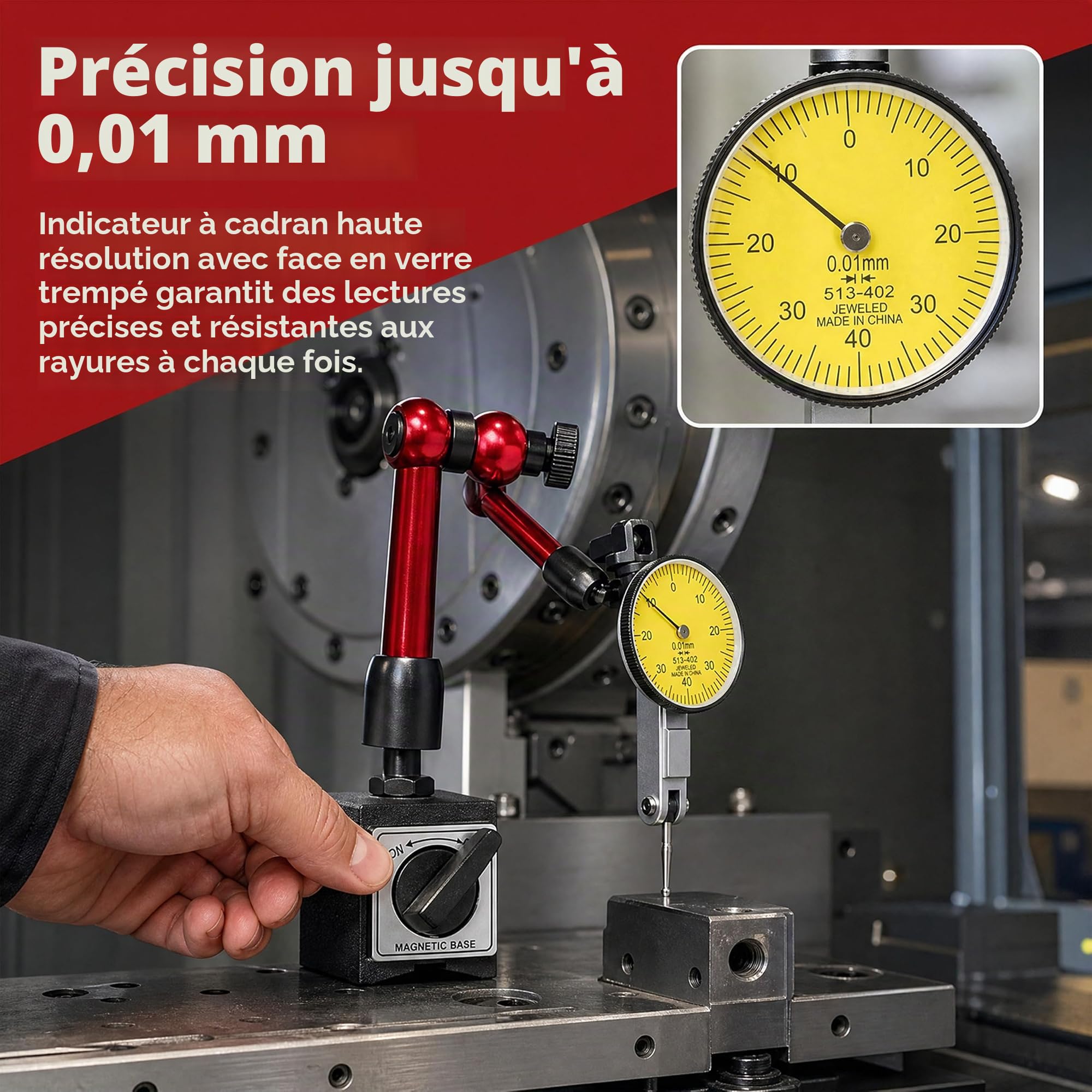 Comparateur Mecanique 0-0,8 mm avec Base Magnétique,Très Flexible,Comparateur Précision 0,01 mm,Ensemble D'indicateurs de Cadran pour Calibration Des Plaques de Surface,Rouge