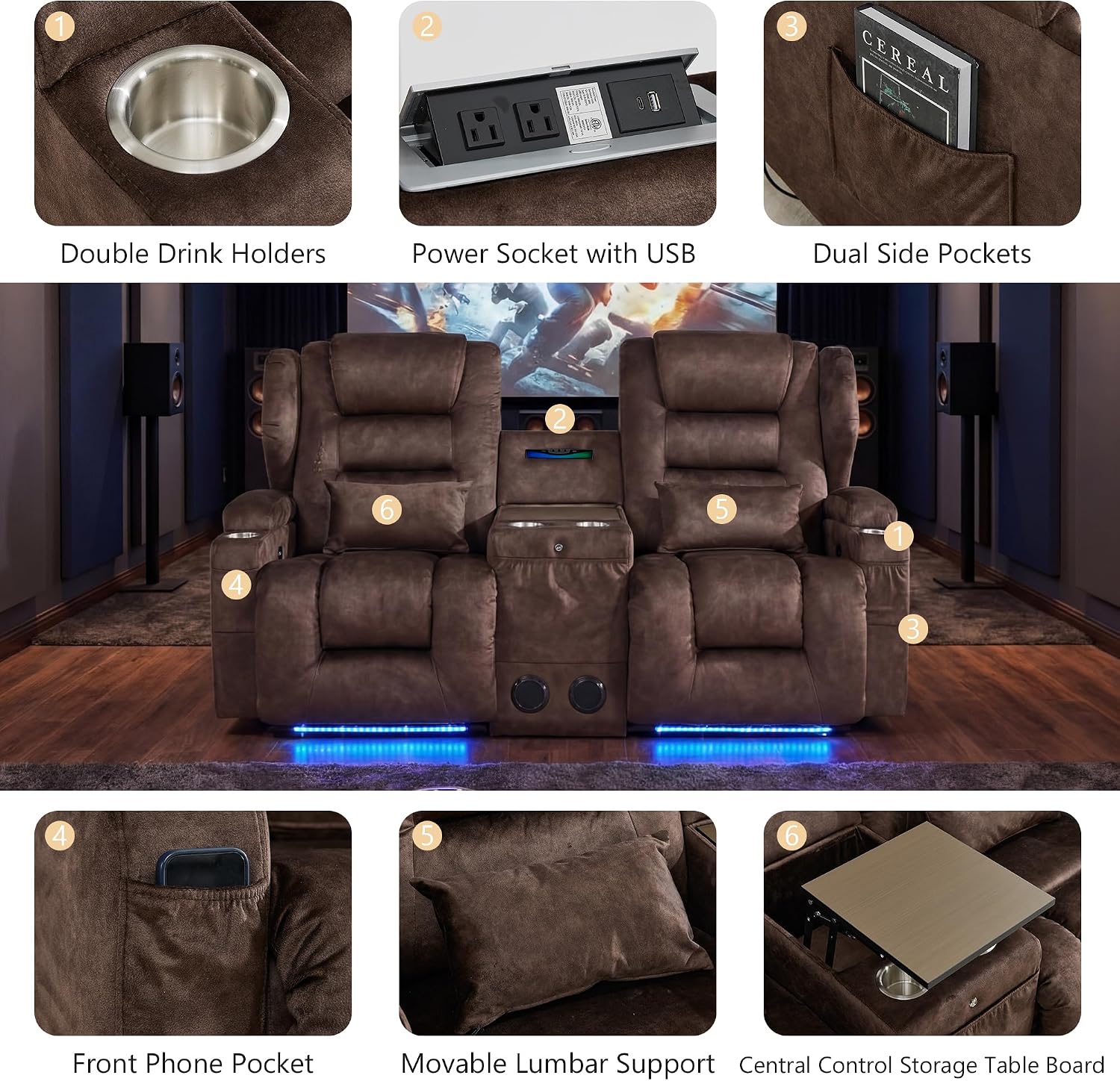 Power Loveseat Recliner Sofa for Home Theater RV Seating – Dual Power Wall Hugger Reclining Sofa with Console/Bluetooth Speaker/USB/Cup Holder/LED Light RV Couch (Brown, 74.8 in) | Dual Power Reclining, Wall Hugger Design, Center Console, LED Ambient Light