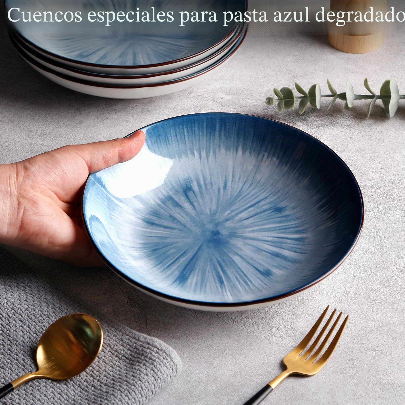 NUTRIUPS Juego de 6 Platos para Pasta, 20.5cm Platos de Servicio, 500ml Platos de Porcelana, Apto para Microondas y Lavavajillas (Azul)