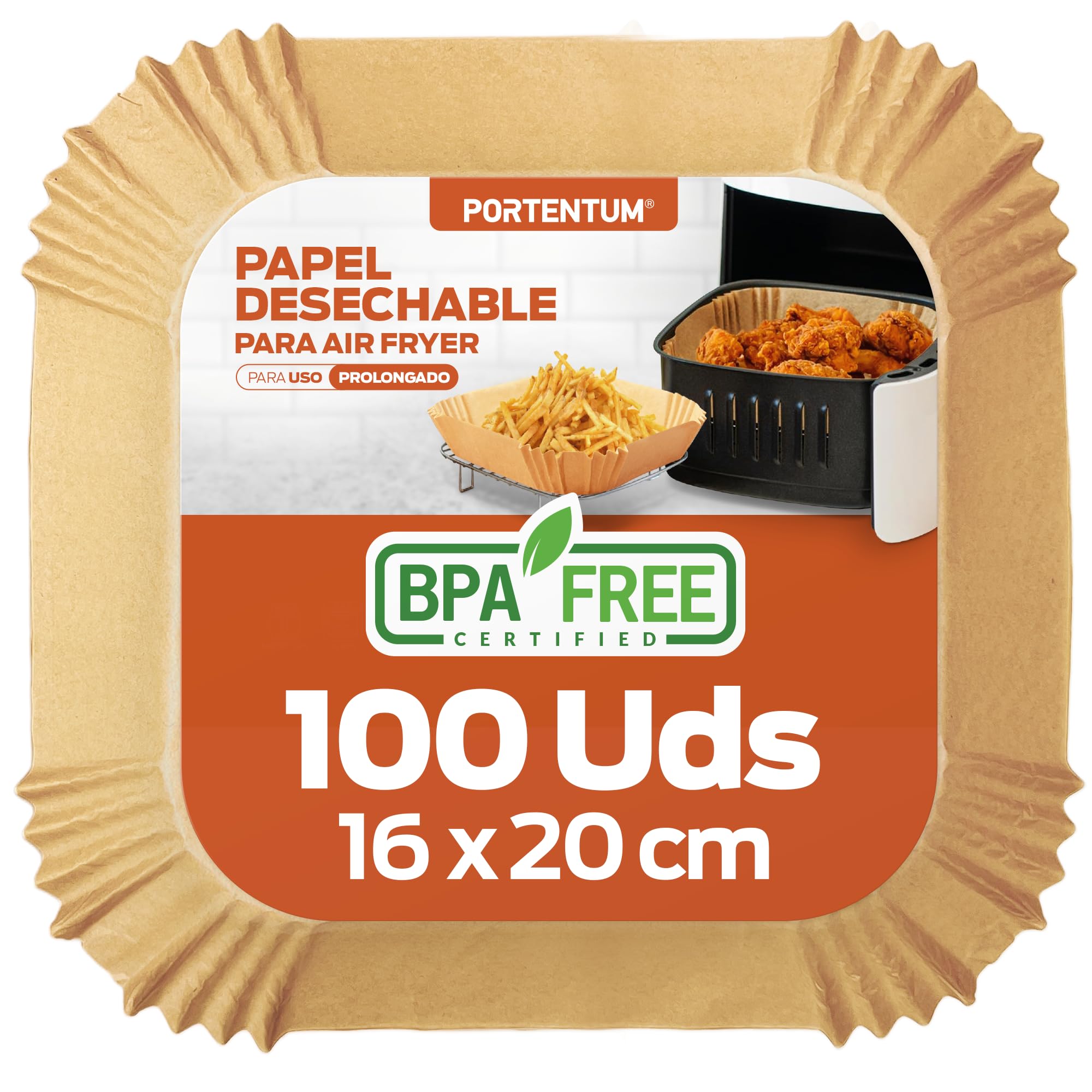 PORTENTUM Papel freidora aire 100 unidades de 16-16 cm Cuadrado. Papel Air Fryer Grado alimenticio BPA free, FDA y LFGB Certificado ClimatePartner