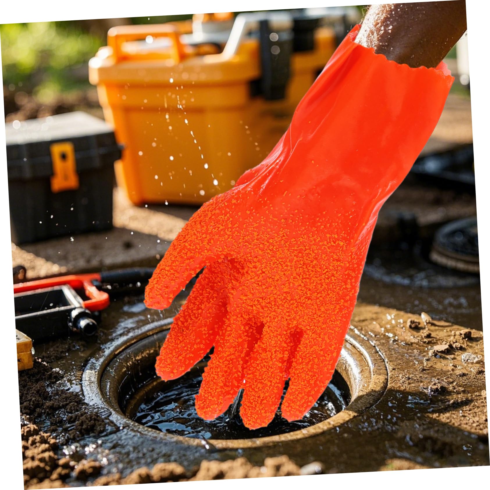 Tofficu 6 Pares de Guantes Largos Impermeables de Goma para Limpieza de Desagües y Fontanería, Resistentes Abrasión, Antideslizantes para Uso Industrial y Doméstico