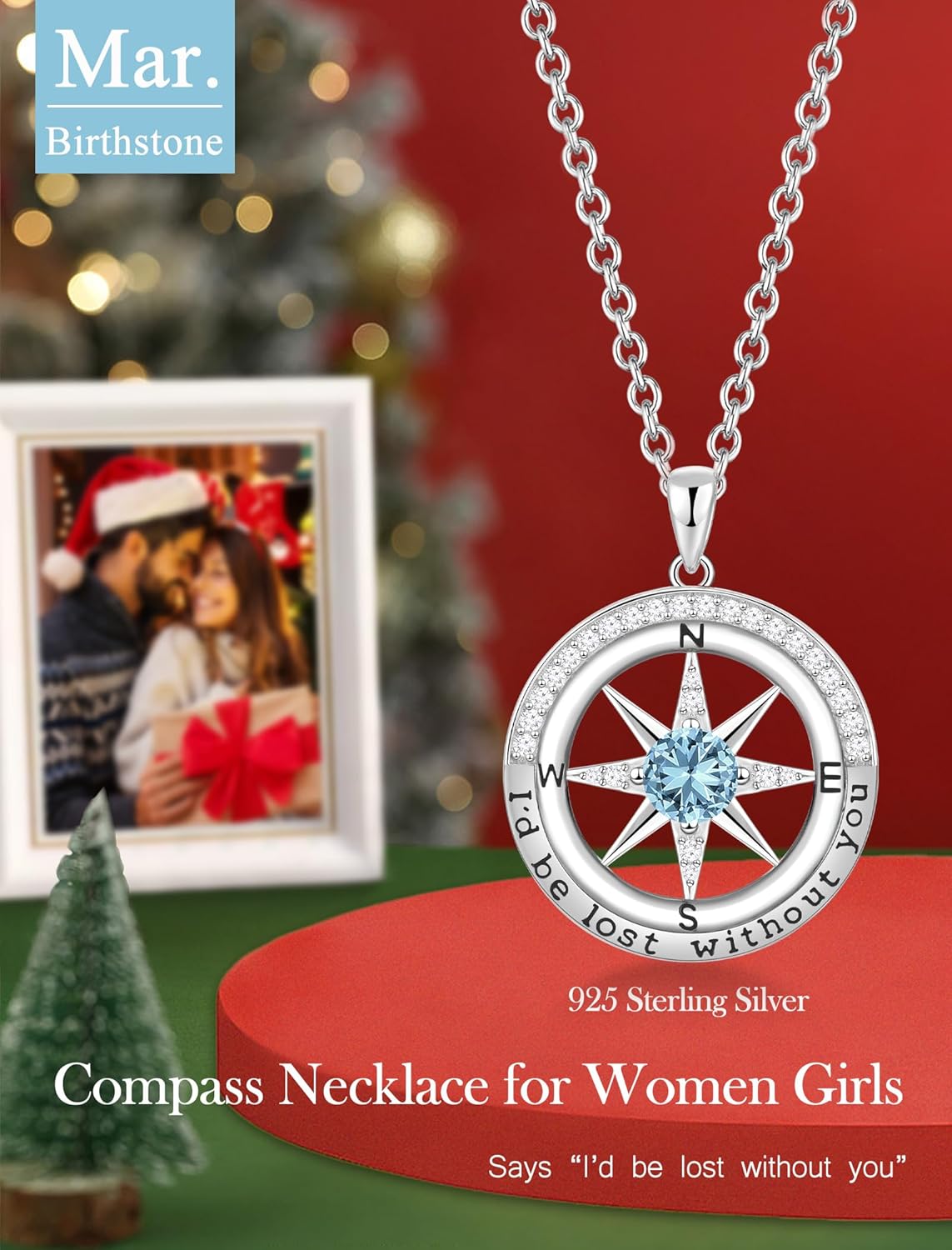 FAFY Christmas Gifts for Wife Compass Birthstone Necklace Birthday Present Ideas Anniversary Jewelry 925 Sterling Silver Compass Necklace I'd Be Lost Without You Wife Gifts from Husband - Image 4