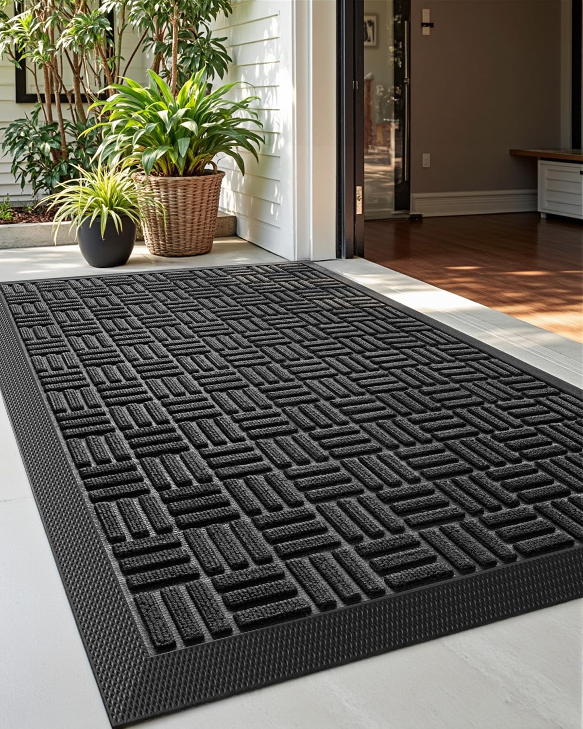 DEXI Front Door Mat Outside Entrance, 2x3 ft Rubber Entry Doormat Heavy Duty, Welcome Mats Non Slip for Inside House Floor Entryway Back Doors Exterior Patio, Maze Black