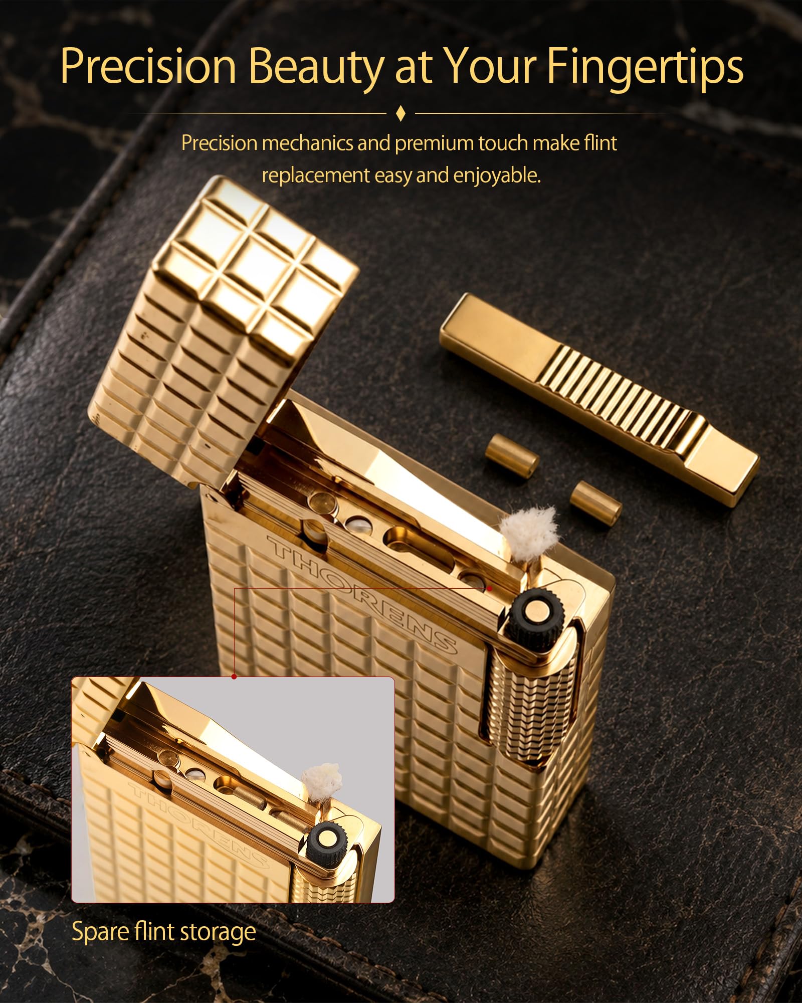THORENS Crisp Sound - Auric Blocks Mechero de Latón y Queroseno | Clásico vintage, llama suave, recargable, side-slide, flip dorado único, grabado, coleccionable, regalo de lujo hombre