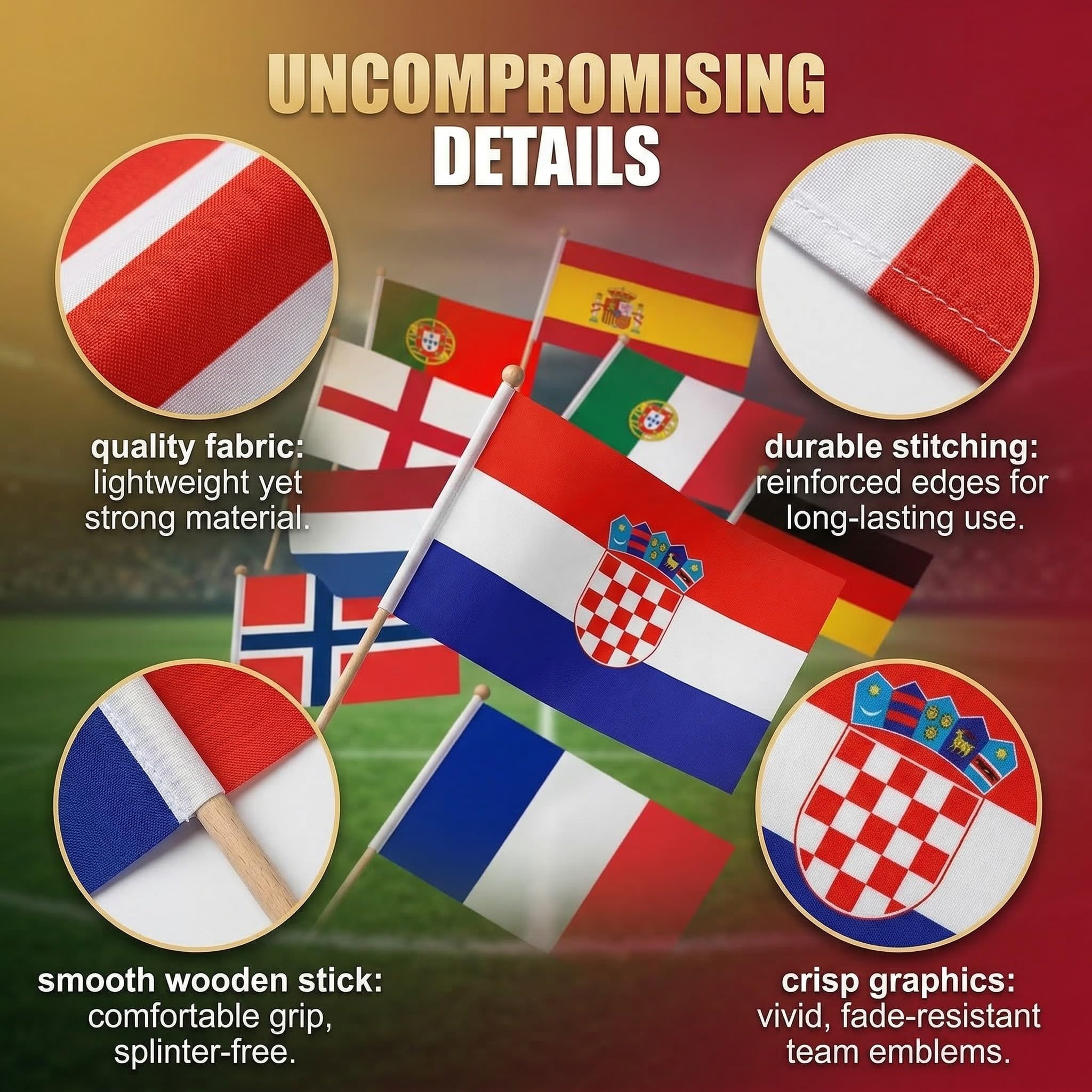 Bandera de Mano 2026 Copa del Mundo Fútbol, 8 Países 30cm Palo, Doble Cara Decoración Mundial