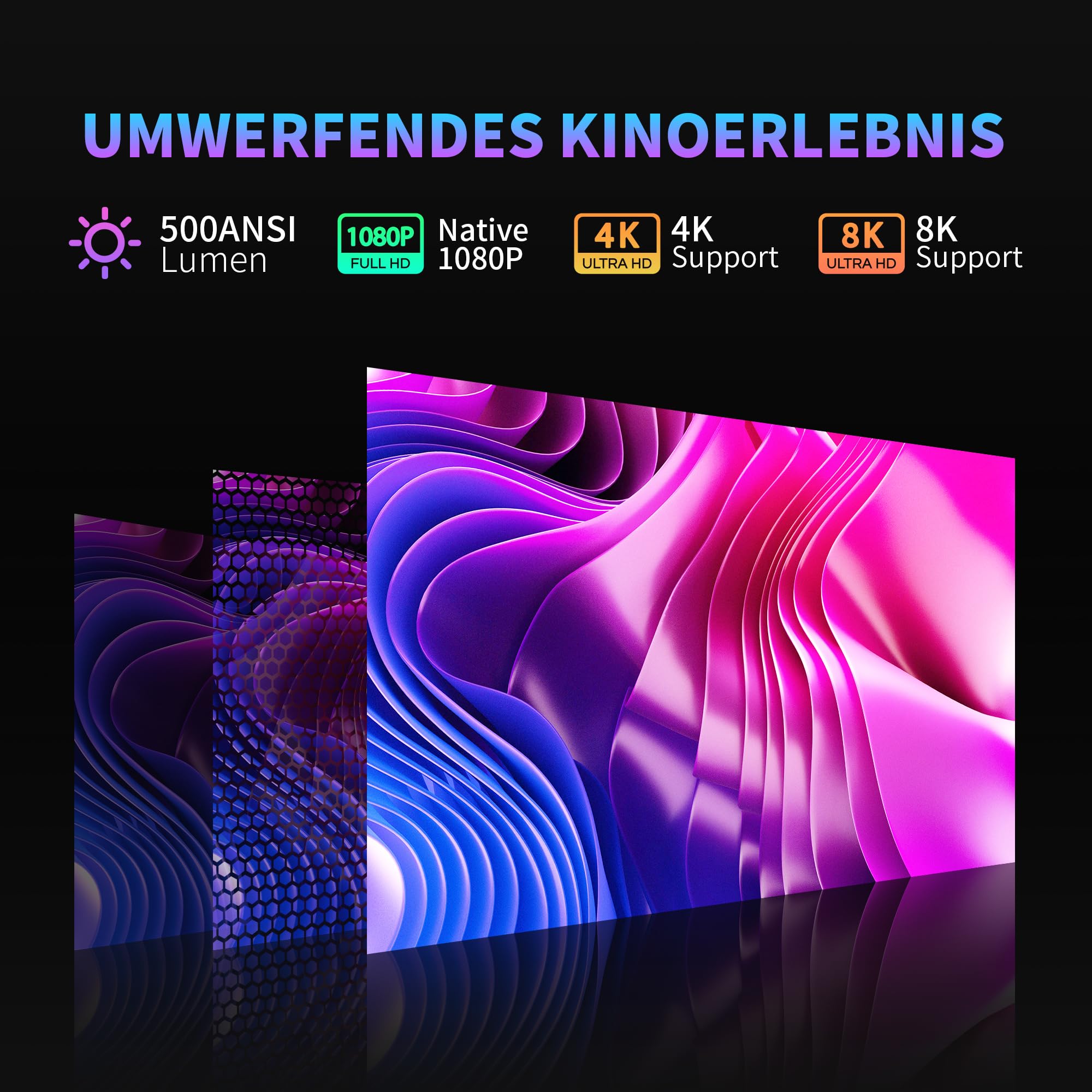 Projektor 4K, Android OS 12.0, 4 GB + 32 GB, miniprojektor z e-fokusem, WiFi6, Bluetooth 5.0, 500 ANSI, FHD 1080P, 4D Keystone, Zoom, kompatybilny z USB, AV, HDMI, smartfonem, laptopem, grami
